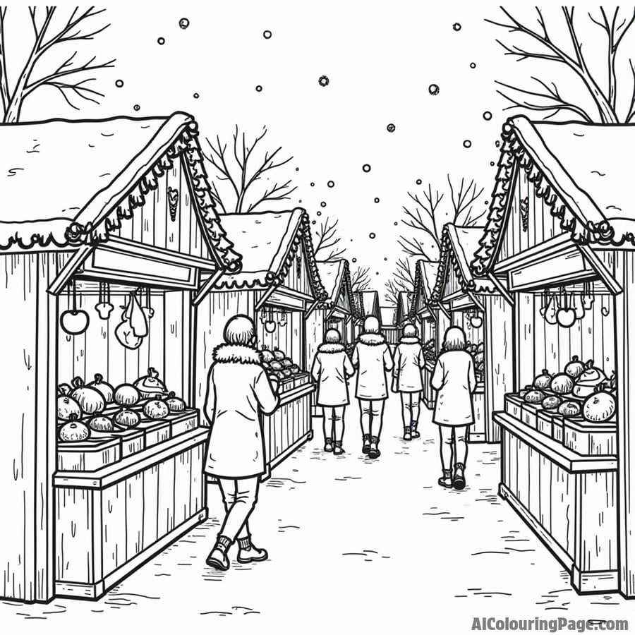A Christmas market scene with stalls selling hot cocoa, ornaments, and gifts, with people shopping and enjoying the festive spirit.