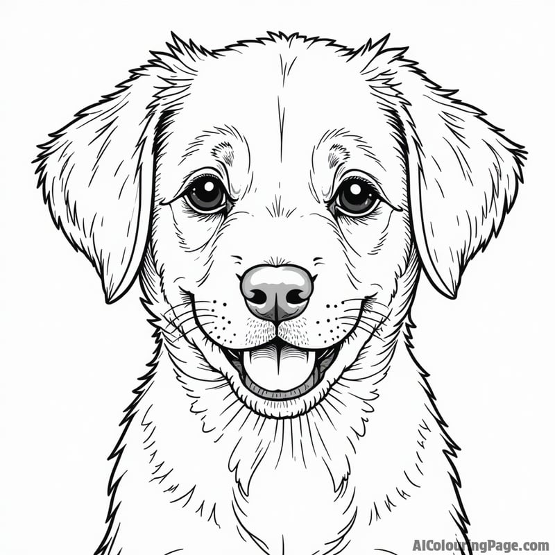 Coloring page: Puppy portrait, head and shoulders view, expressive features.