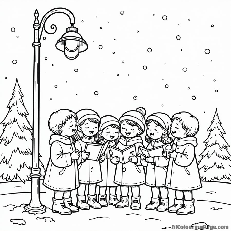 A group of children caroling under a streetlamp, with snow falling gently around them and festive decorations in the background.