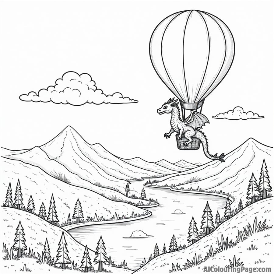 A dragon flying in a hot air balloon over a picturesque landscape filled with rolling hills and rivers.