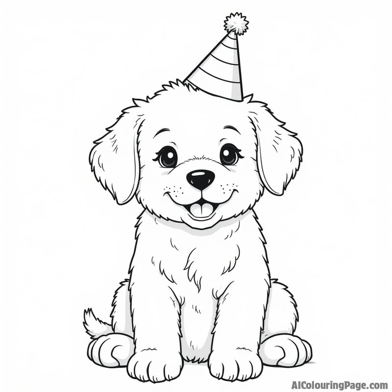 Puppy coloring page, wearing a tiny hat, party theme, festive mood.