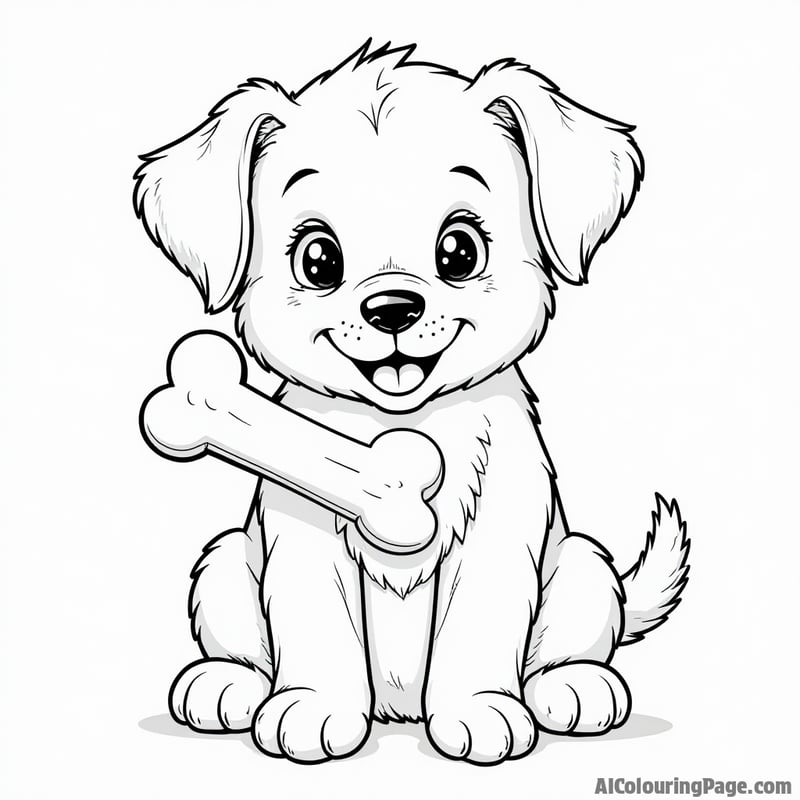 Coloring page: Puppy with a bone, content expression, minimal shading.