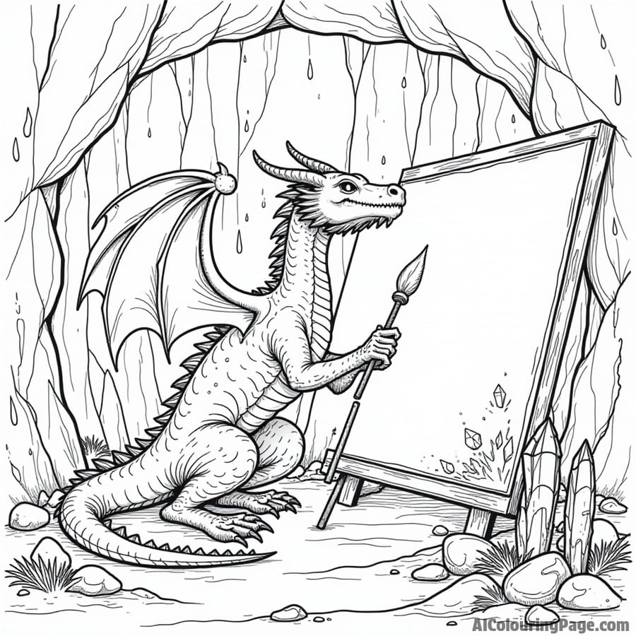 A dragon painting a mural on a cave wall surrounded by glowing crystals and ancient runes.