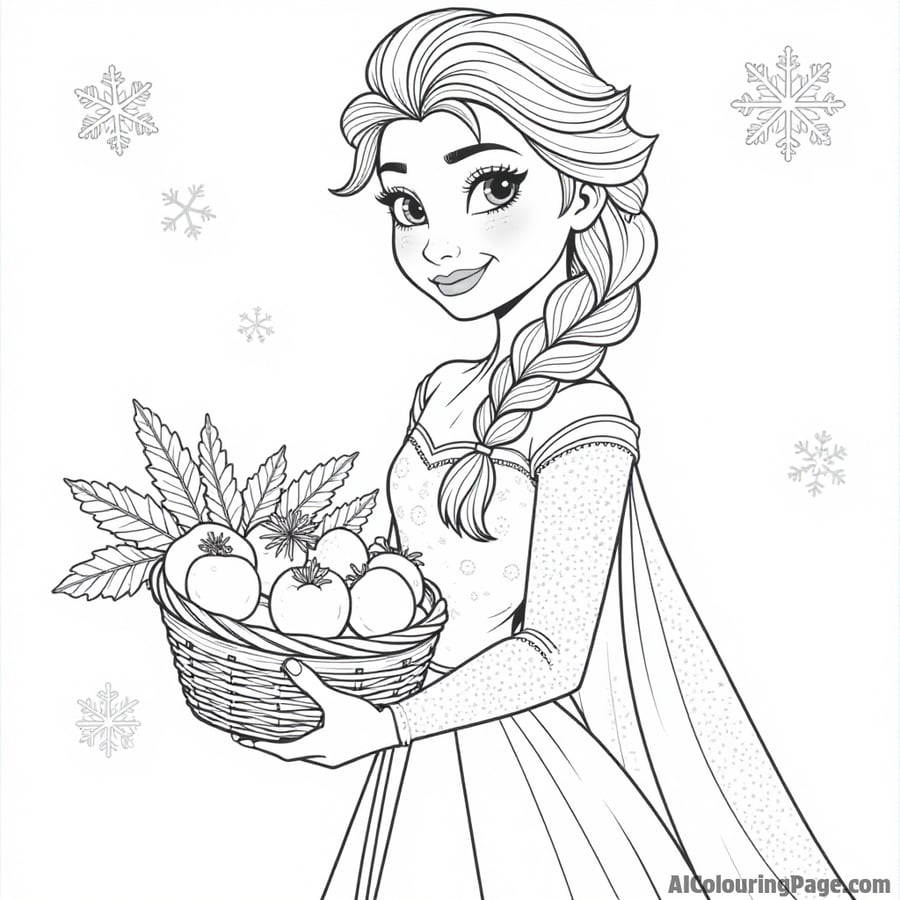 Elsa with a basket of snowflakes and winter fruits