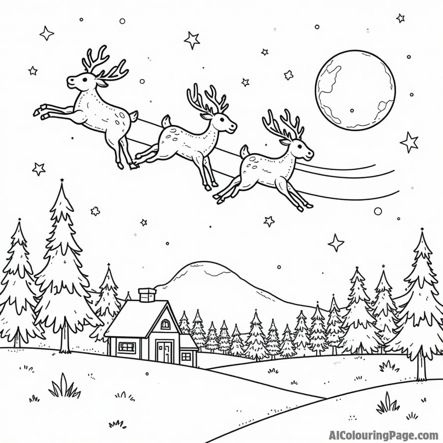 A group of playful reindeer flying above a snowy village, with twinkling stars and a big moon in the night sky.