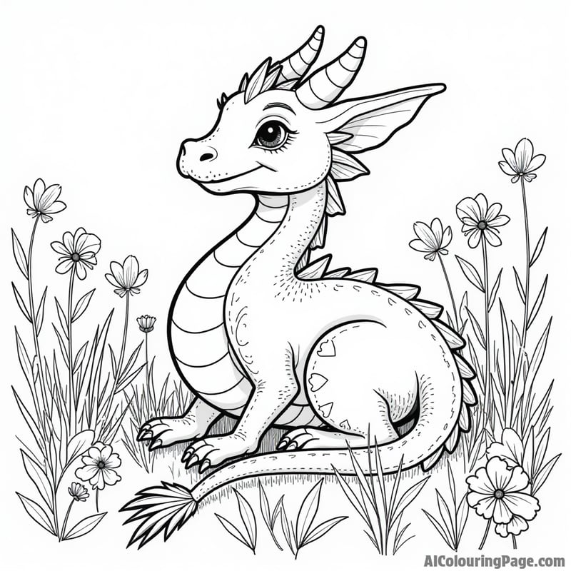 Dragon resting in a field of flowers