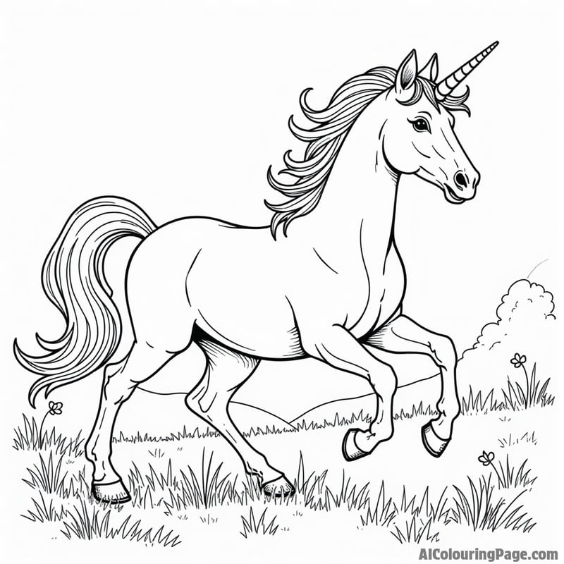 A magical unicorn galloping through a field