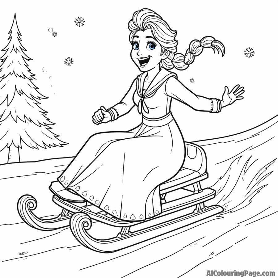 Elsa riding a sled down a snowy hill with laughter