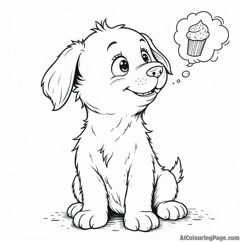 Puppy coloring page, dreaming of treats, thought bubble, funny expression.