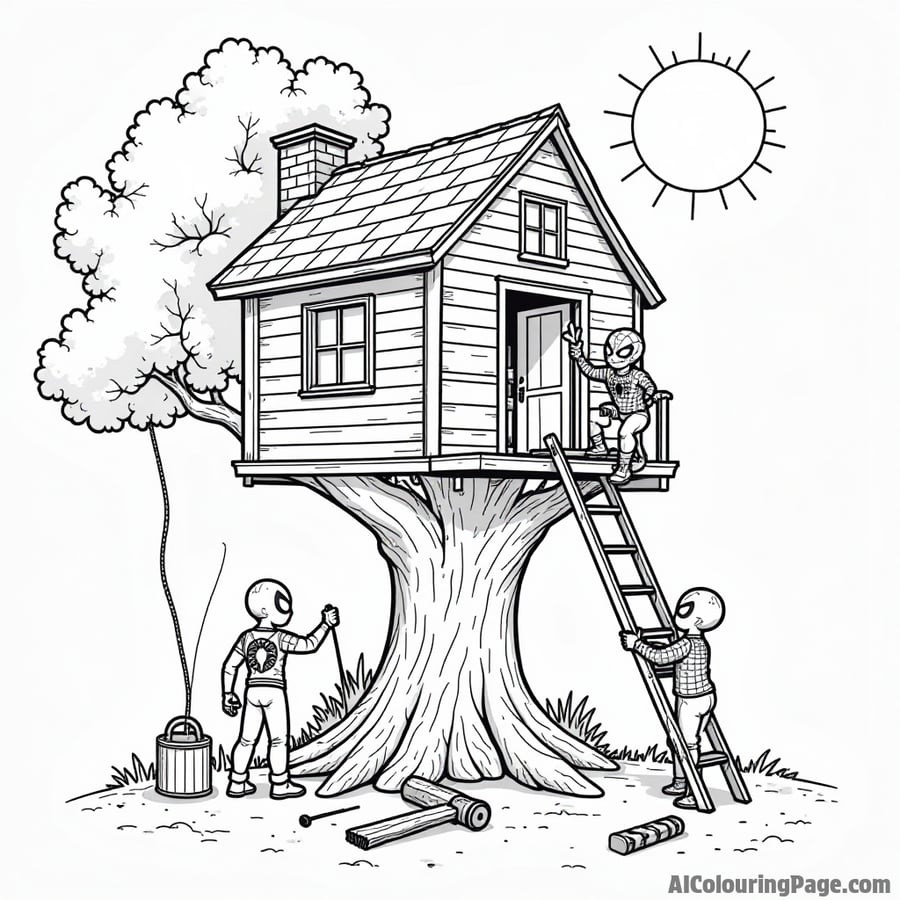 Spiderman building a treehouse with kids, tools scattered around, a bright sun shining down on their fun