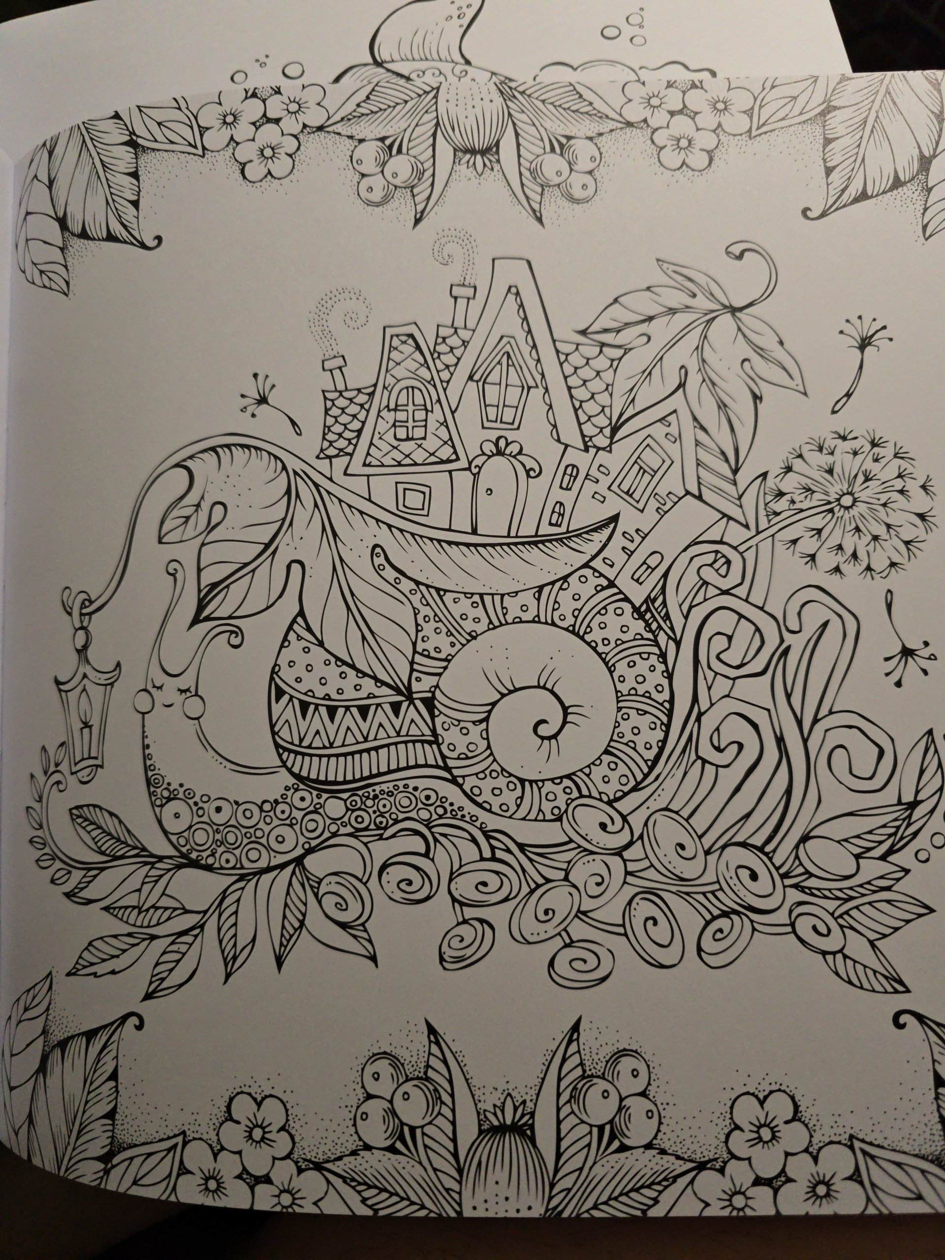 Coloring page of a whimsical unicorn trotting through a forest
