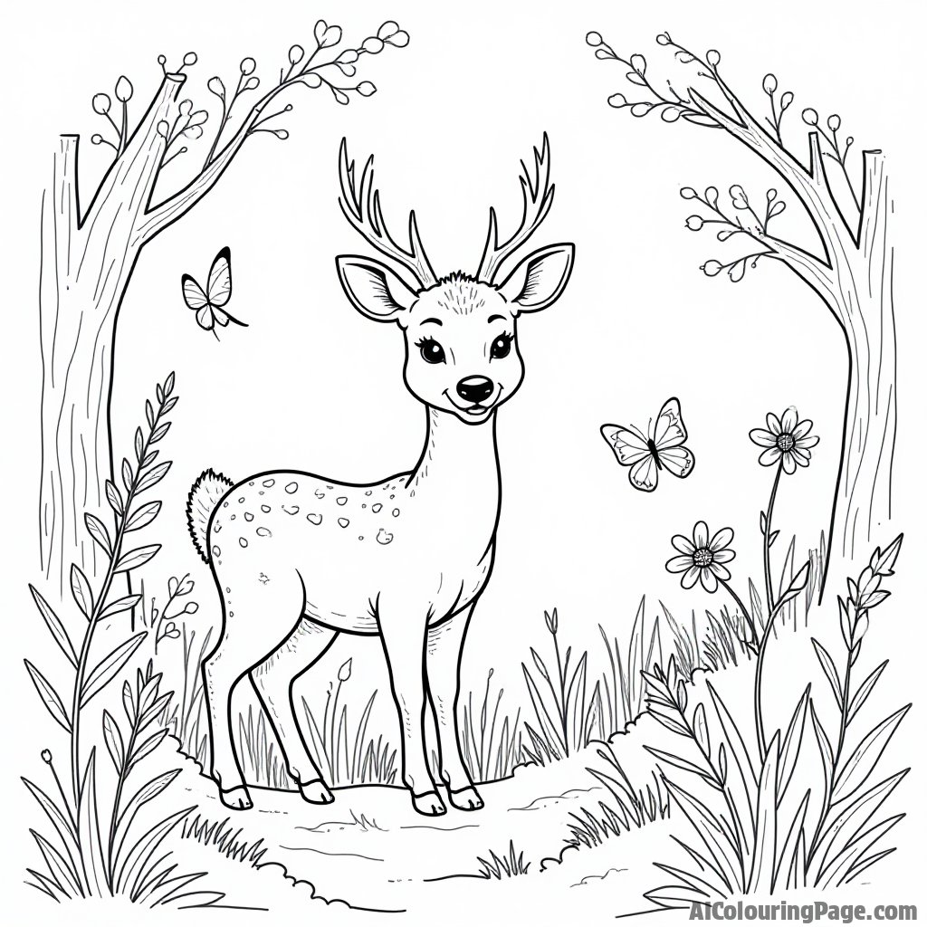 Printable forest coloring page with woodland creatures