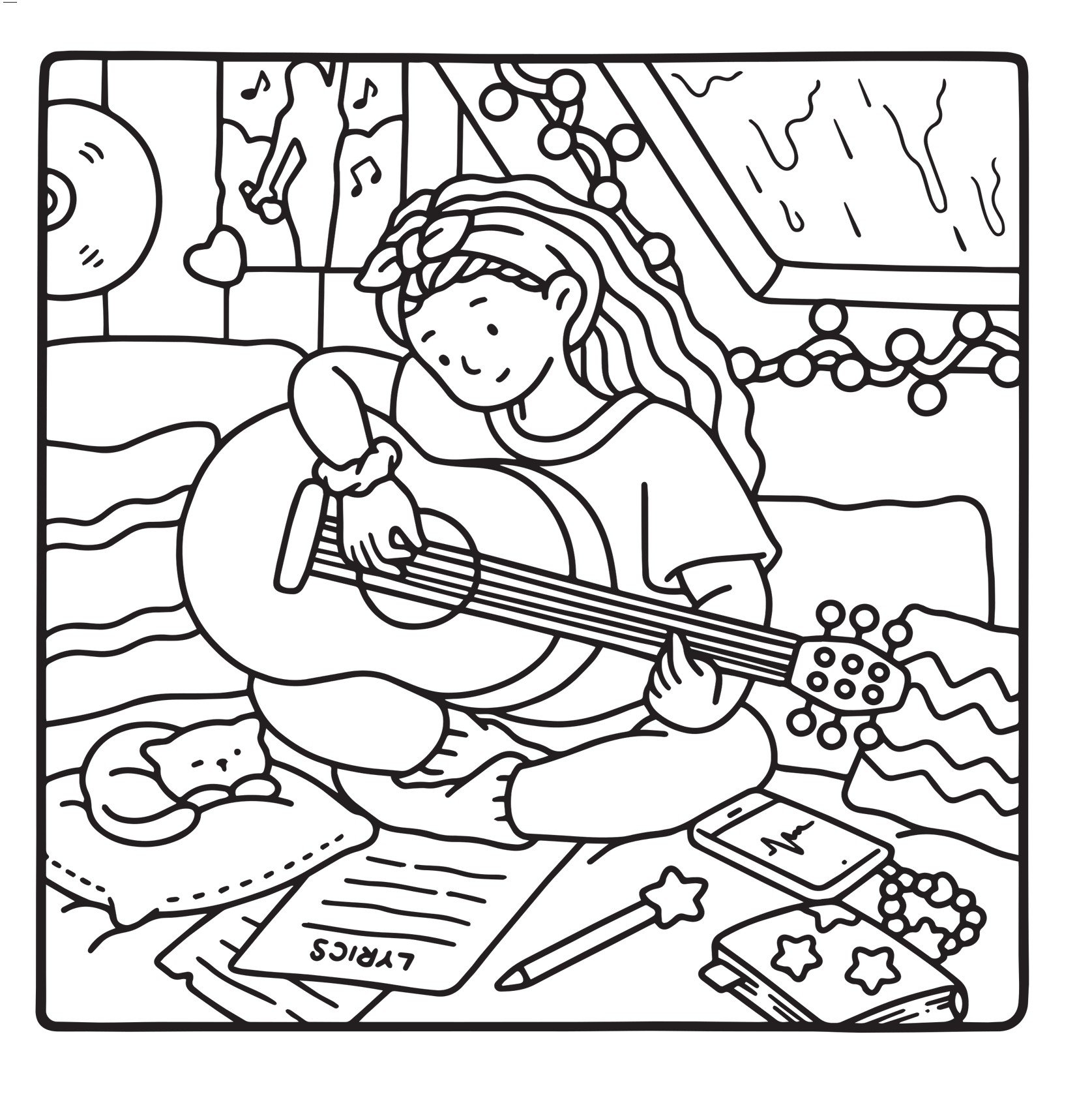 Cozy armchair by the fireplace coloring page