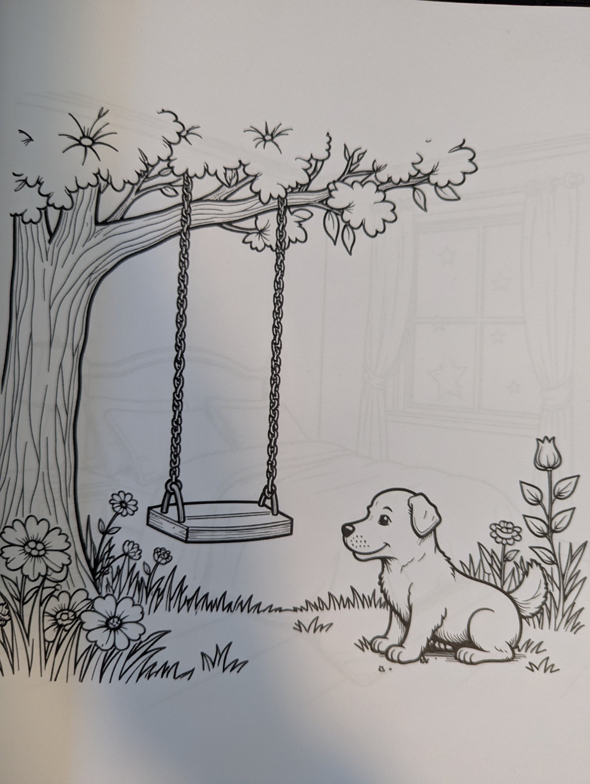 Coloring page of a red sunset landscape with trees