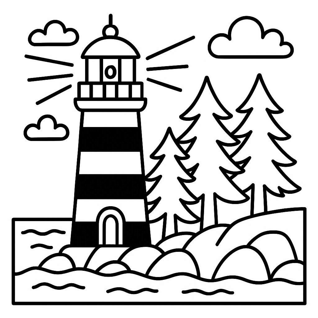 AI generated lighthouse coloring page with intricate details