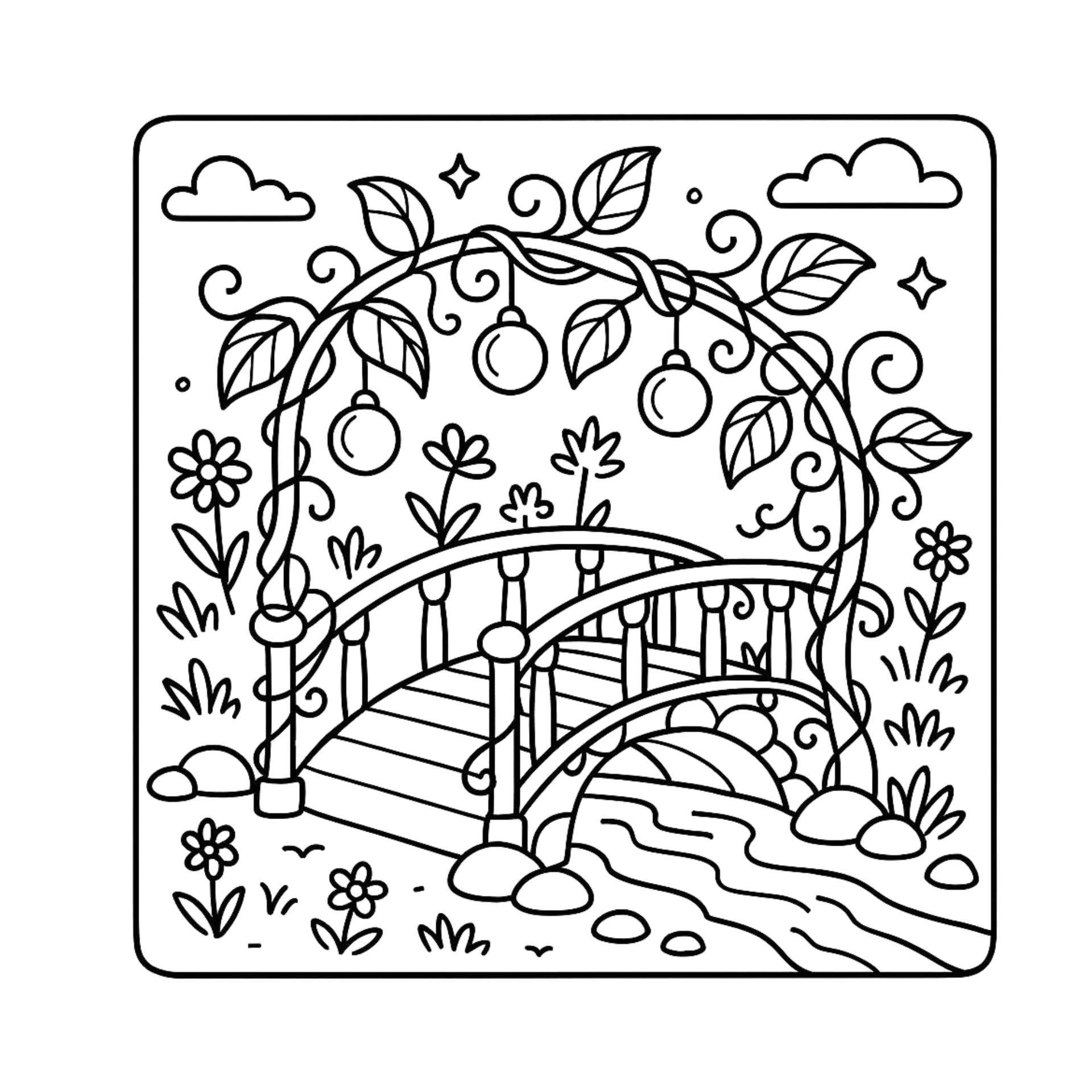 AI generated coloring page of a serene forest landscape