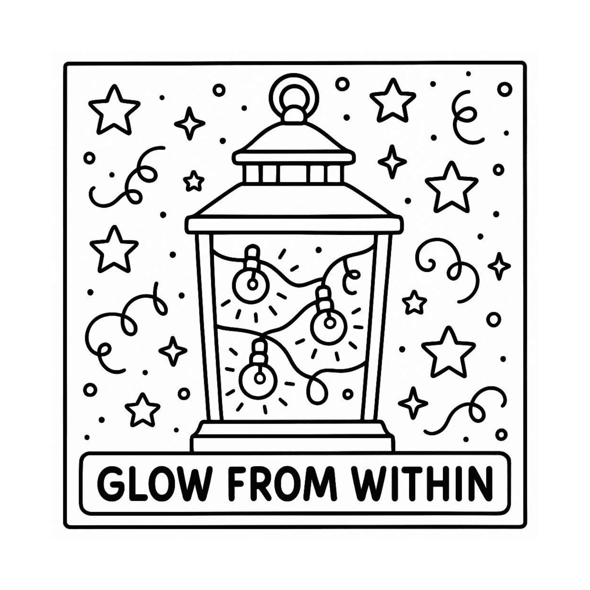 Whimsical night-themed coloring page of a cozy village