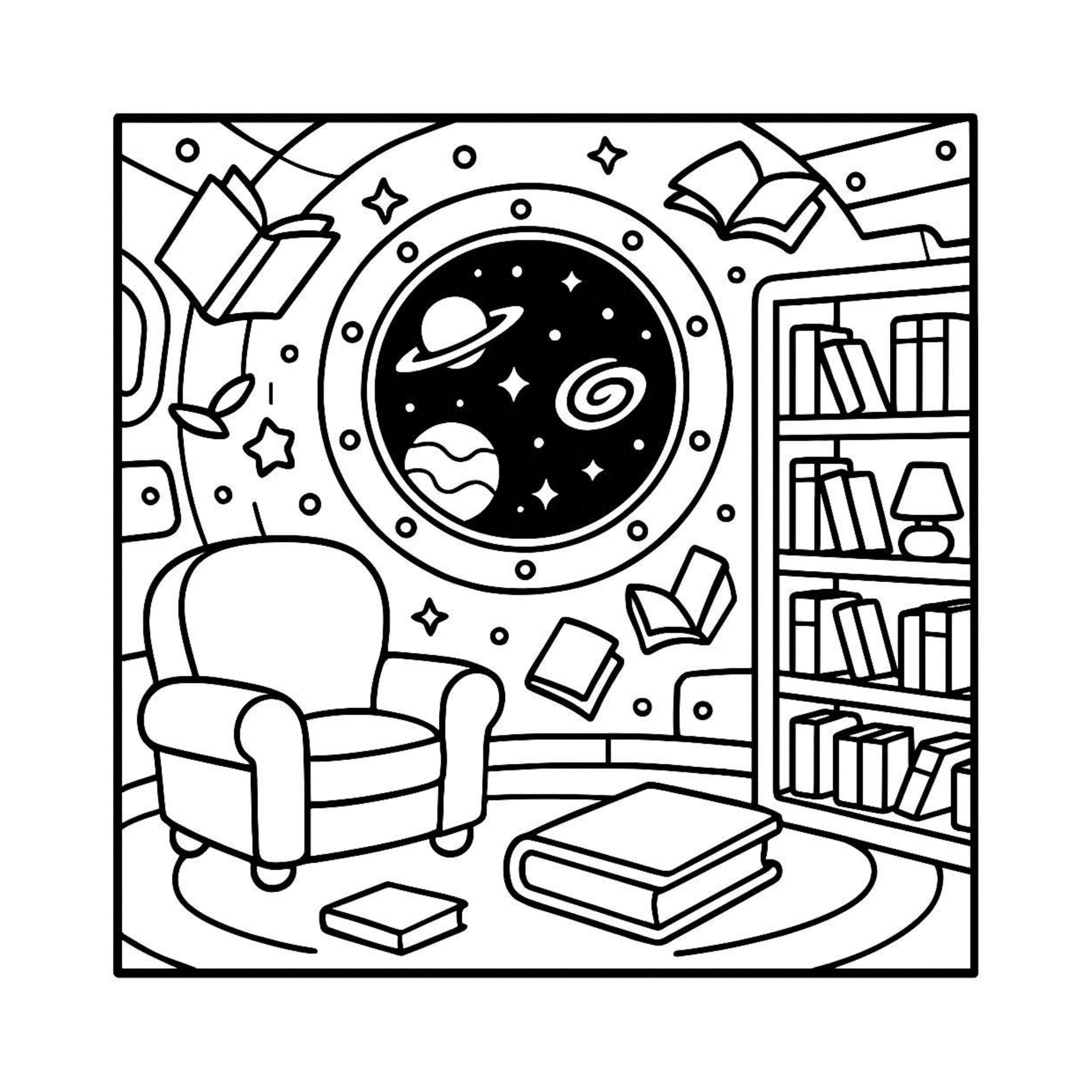 Ethereal landscape coloring page with mystical elements