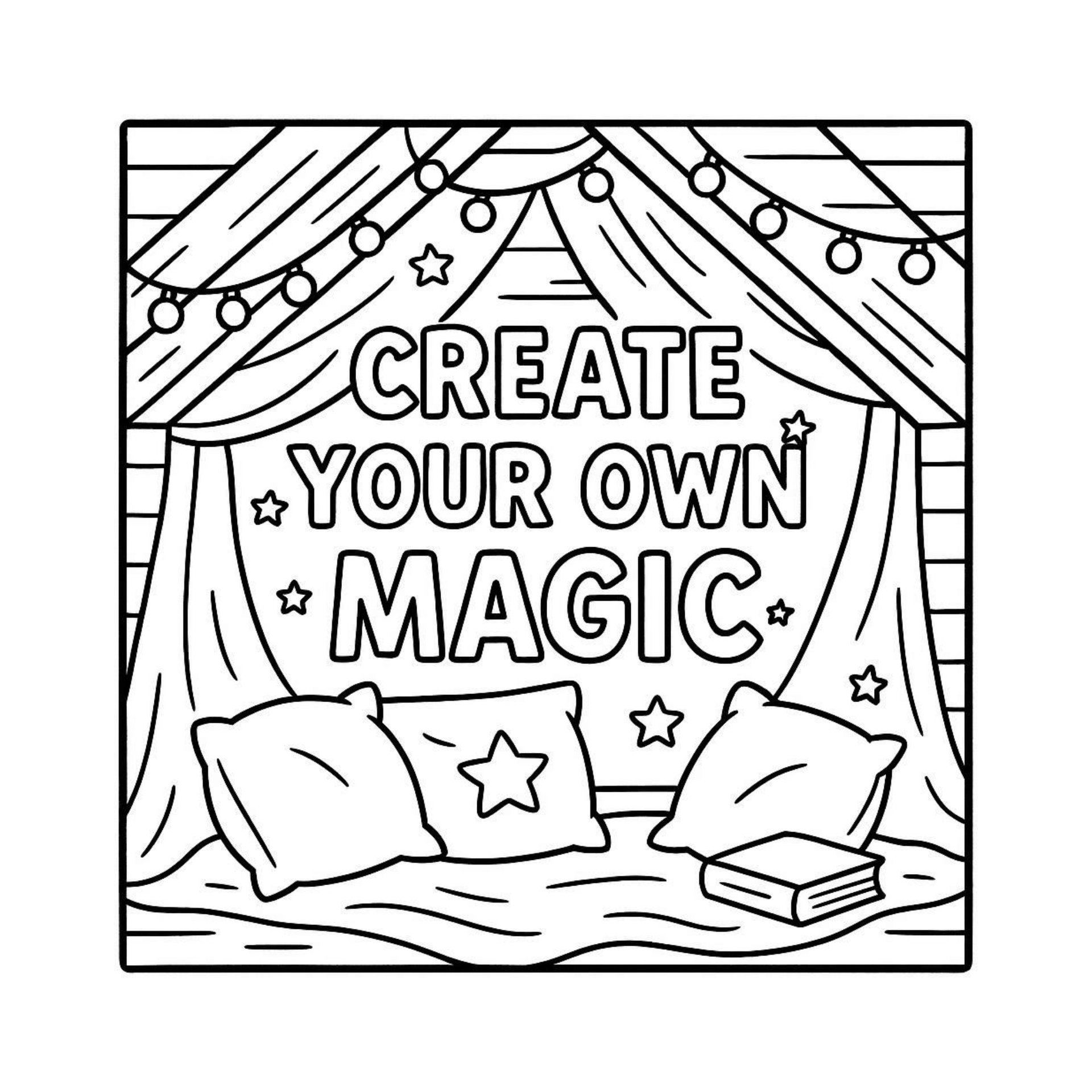 Magical castle coloring page with swirling clouds and stars