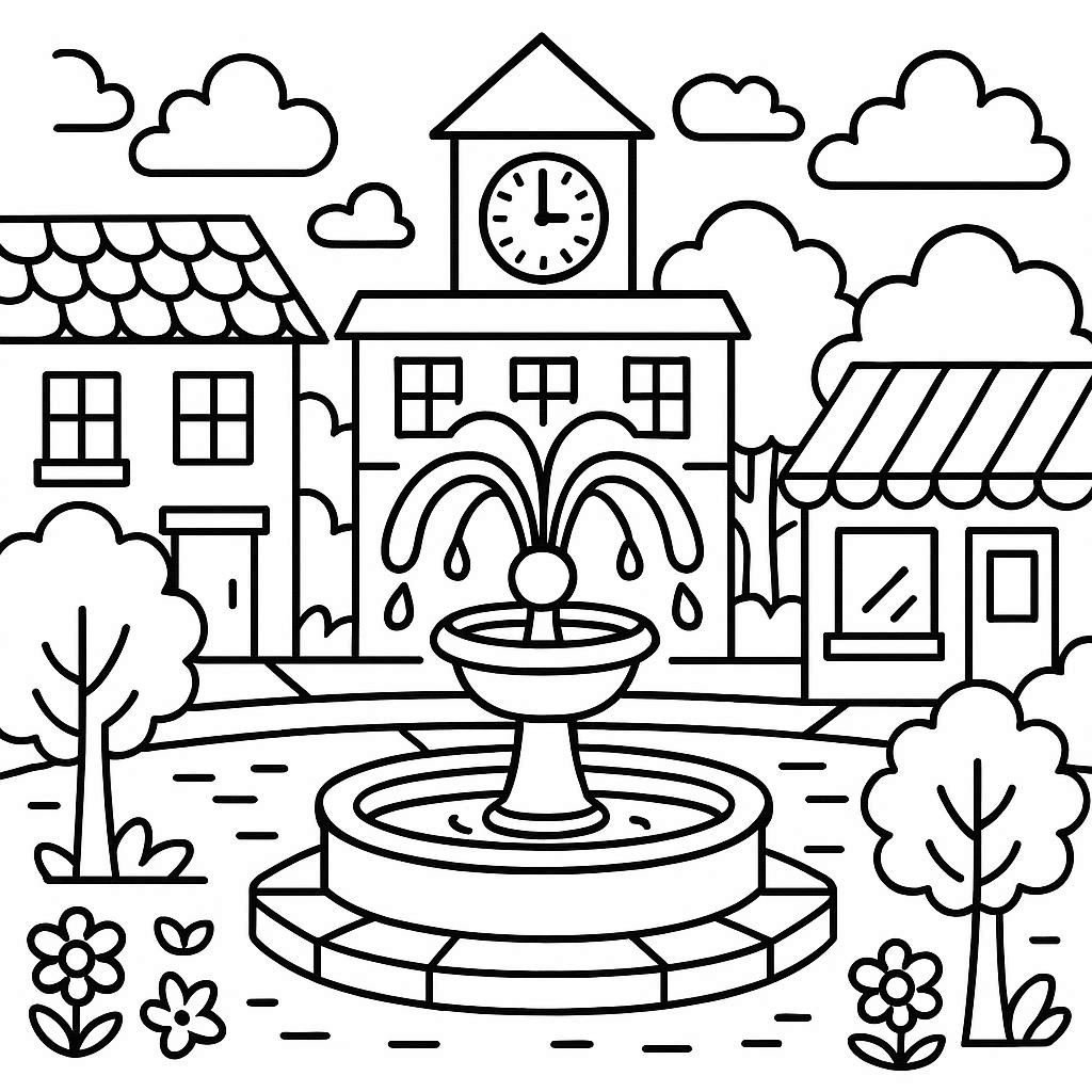 Printable coloring page of a peaceful nature scene