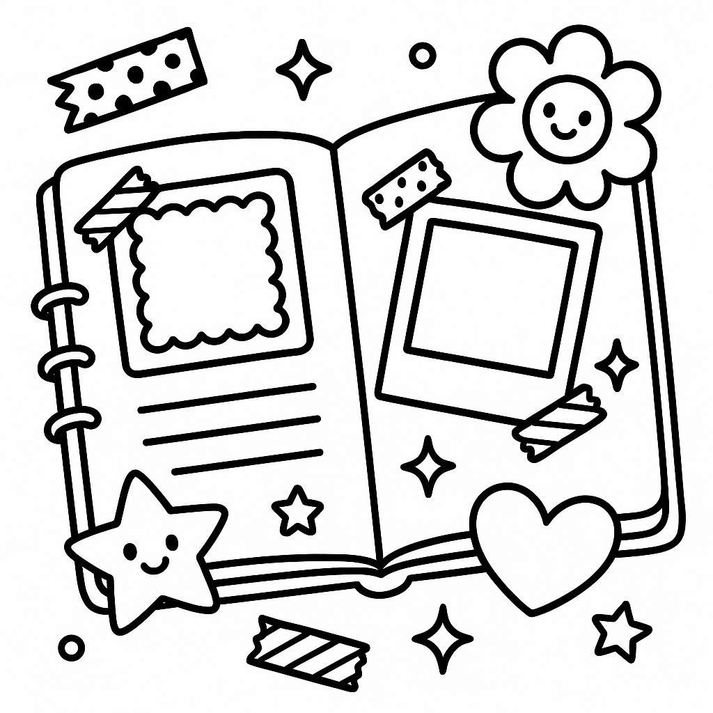 Printable scrapbook coloring page featuring floral designs