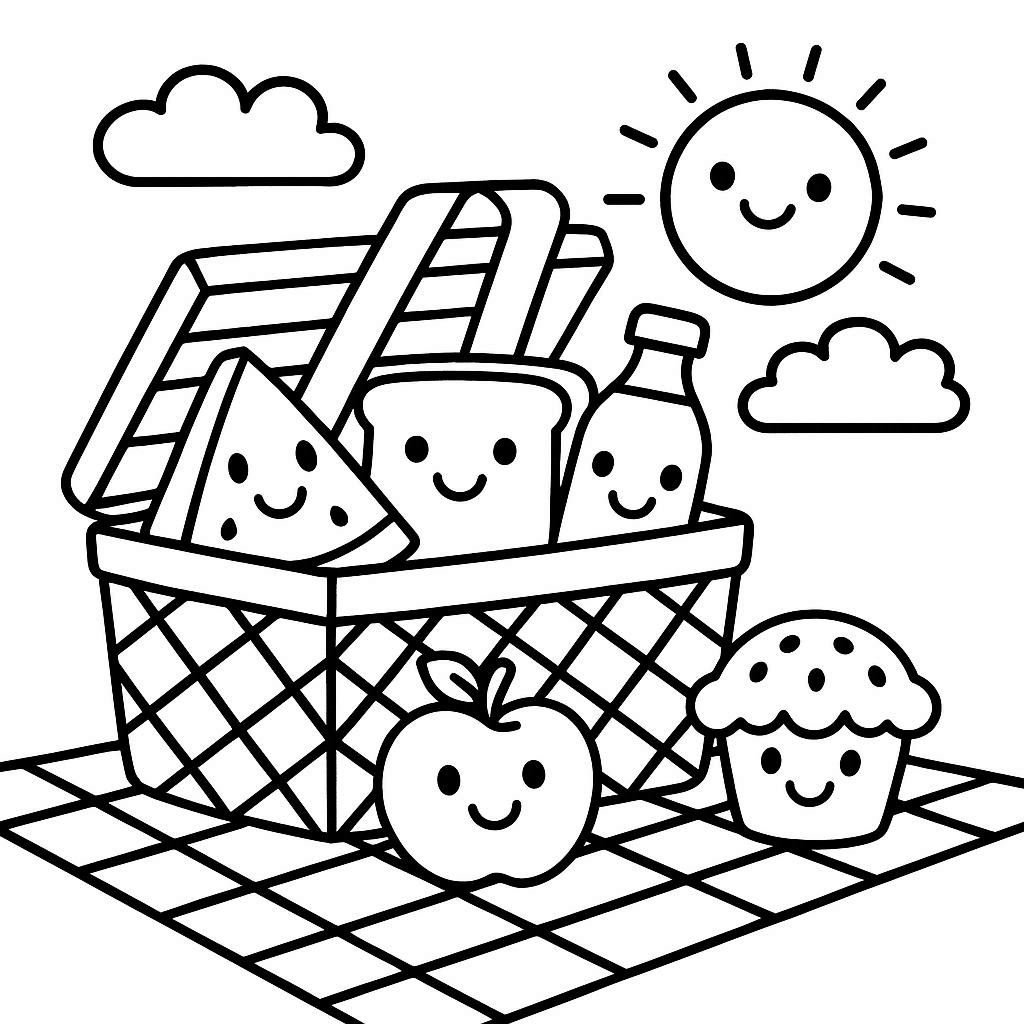 AI generated coloring page of a family picnic on the grass