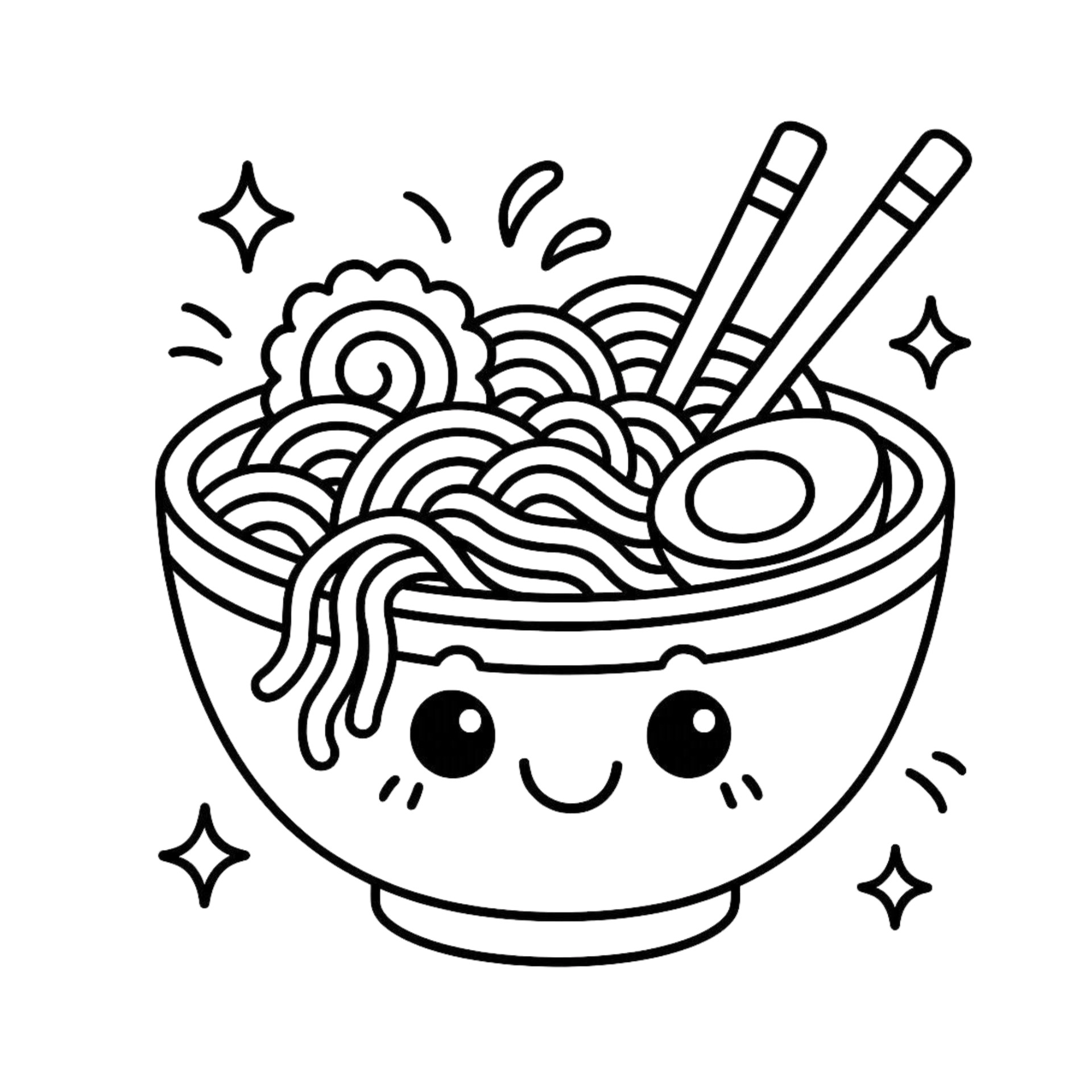 AI-generated coloring page of a ramen bowl with toppings