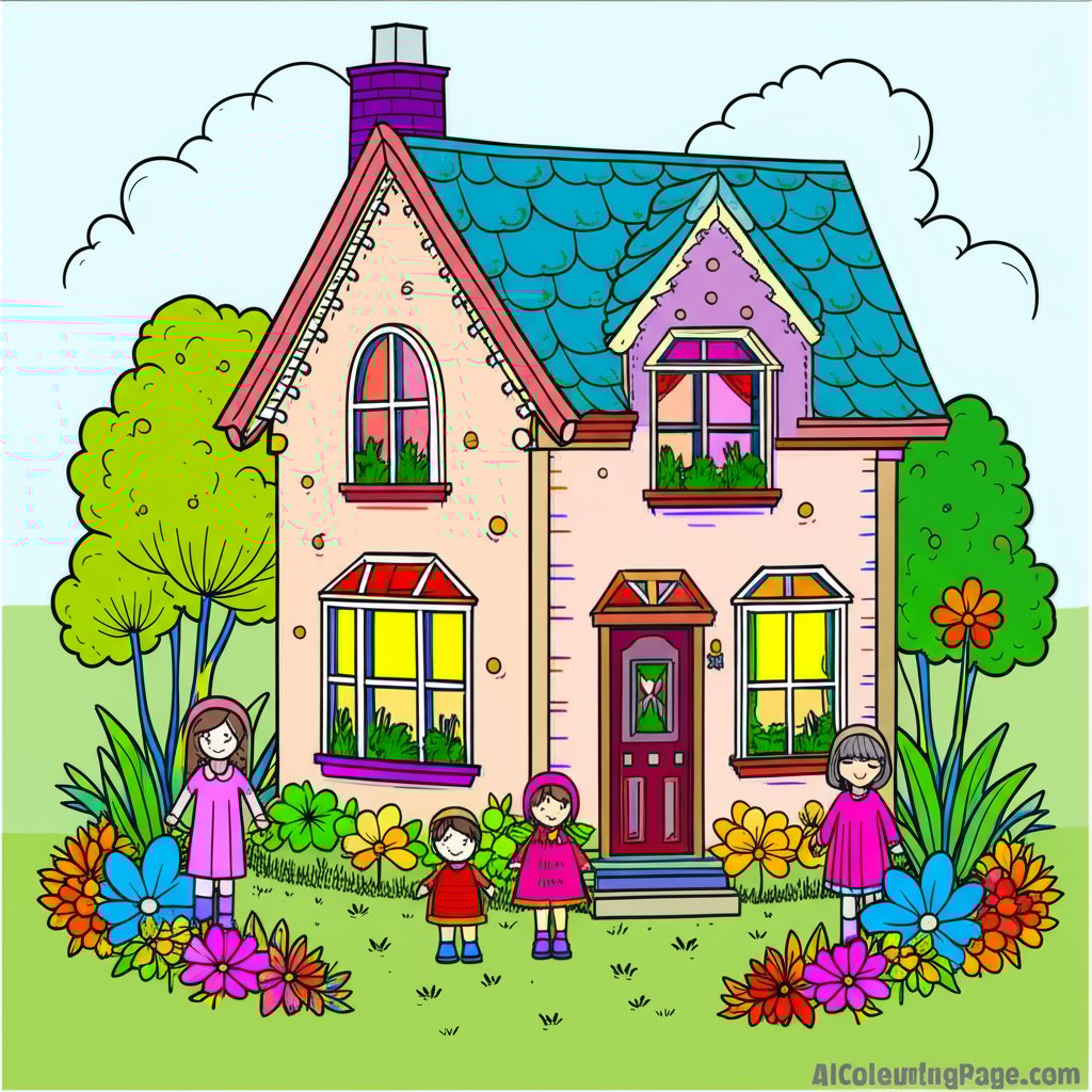 Printable coloring page featuring a whimsical garden scene