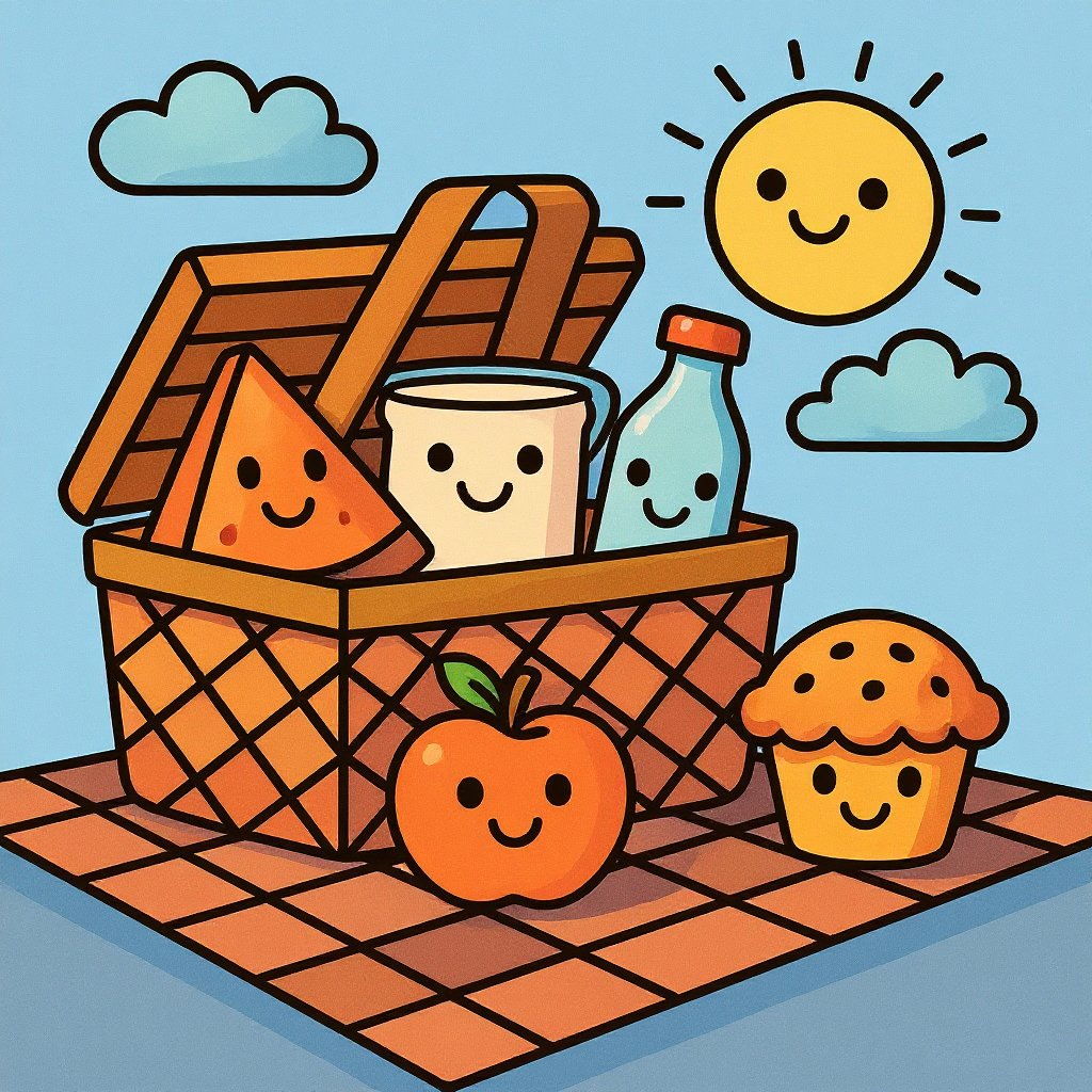 Printable coloring page featuring picnic basket and delicious food