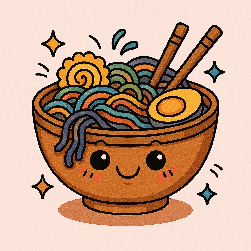 Printable coloring page featuring a steaming ramen dish