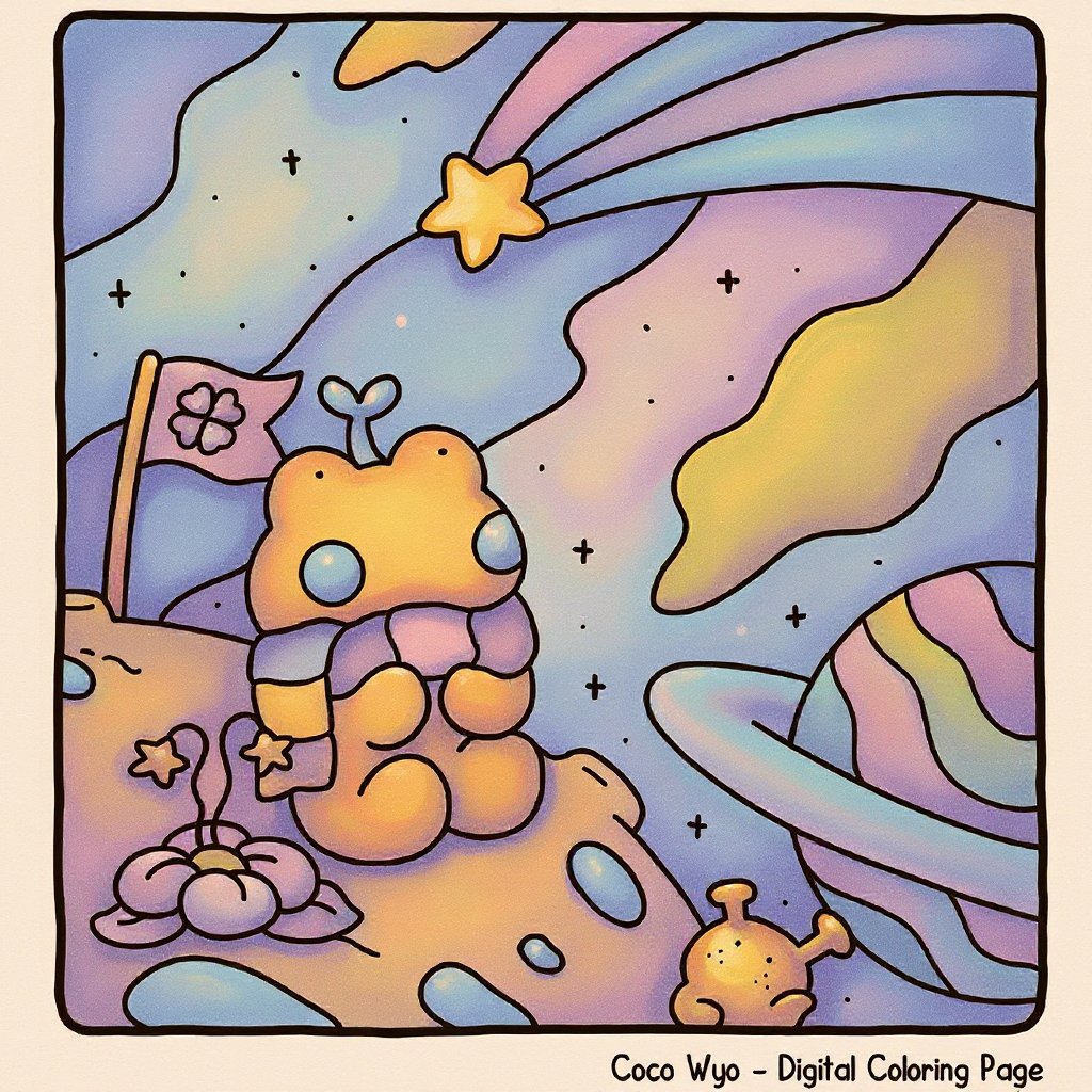 Printable coloring page featuring stars and planets