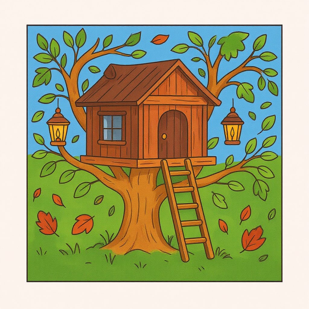 Printable coloring page of a whimsical forest scene