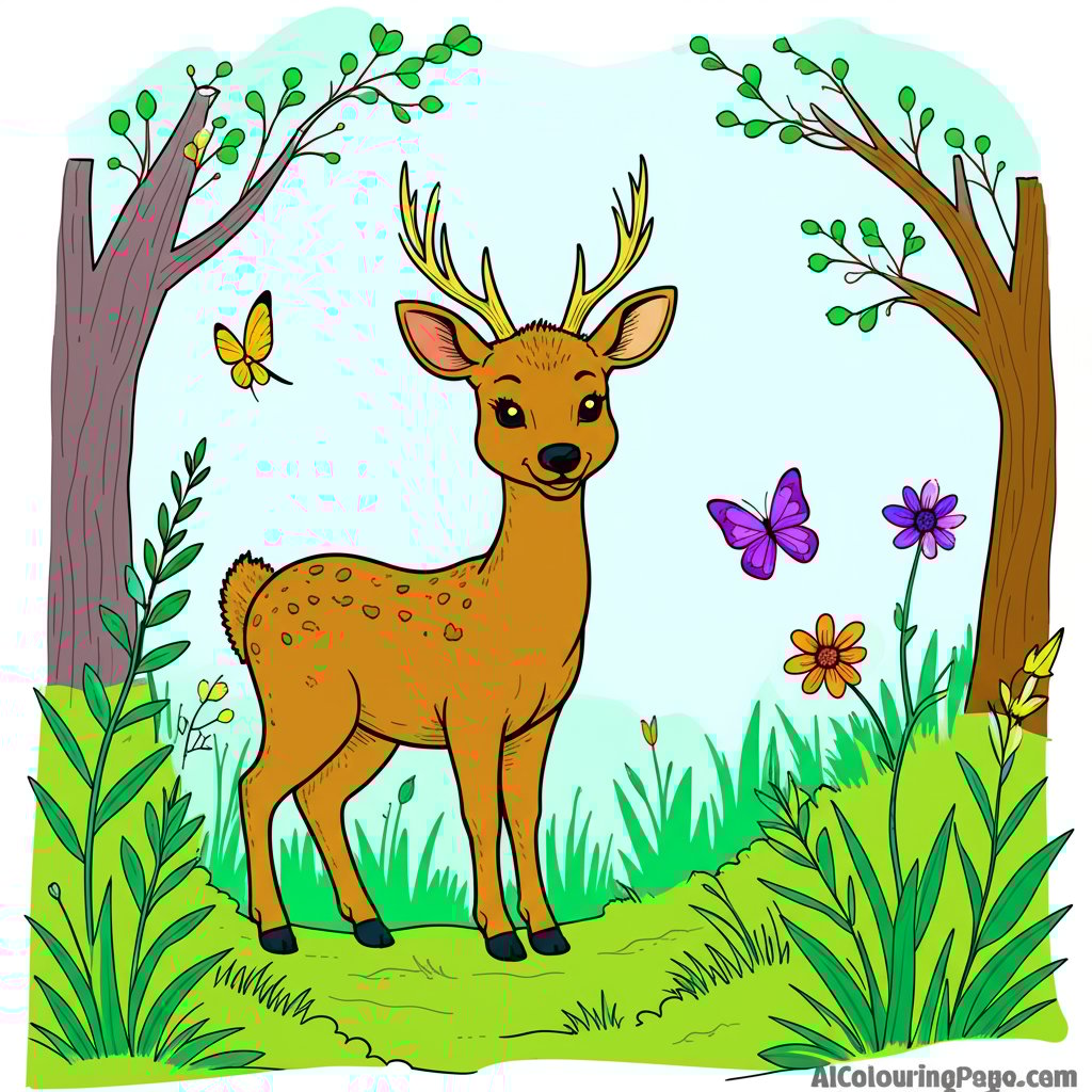 Printable forest coloring page with woodland creatures