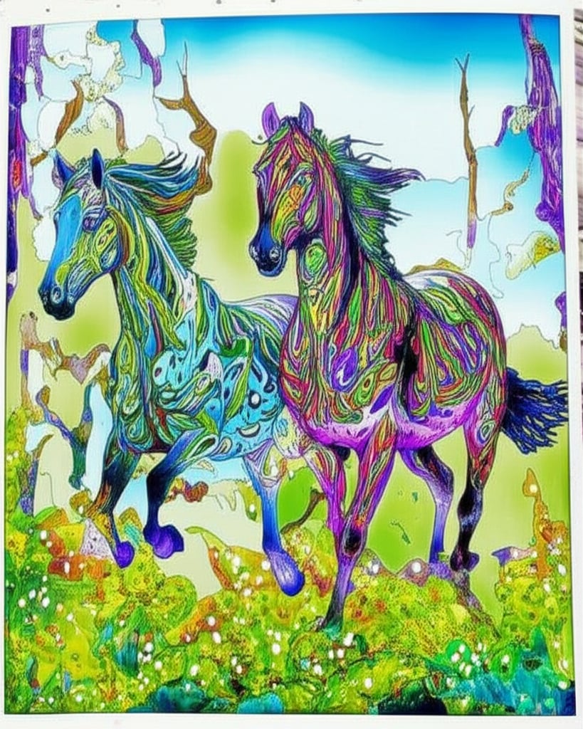 Colorful forest scene with diverse plant life to color