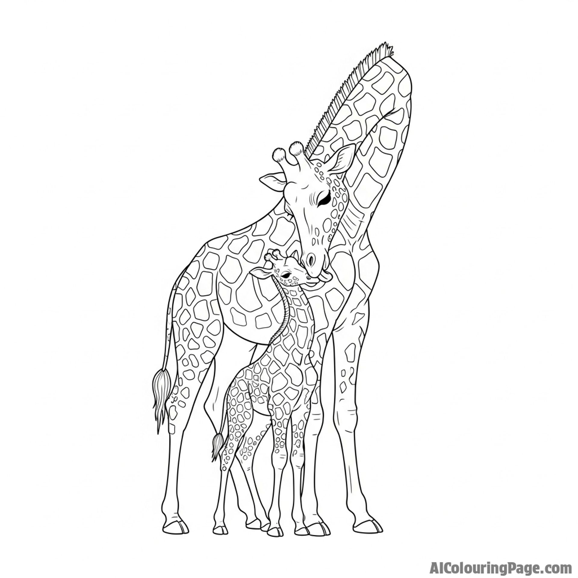 A tender moment as a mother giraffe gently cleans her newborn calf.