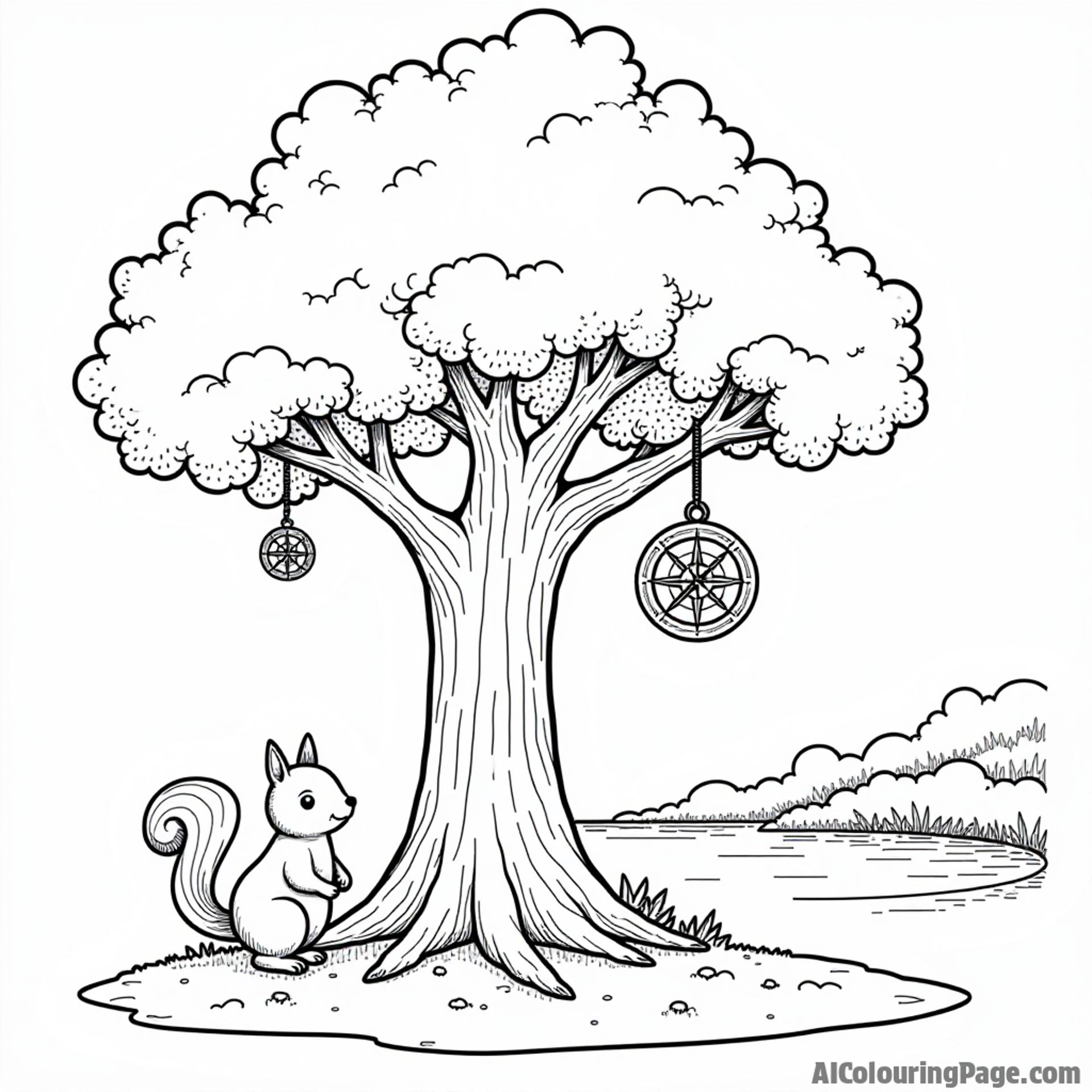 A whimsical tree with a compass hanging from its branches, a squirrel playing nearby, and a tranquil pond in the background, perfect for an imaginative coloring page.