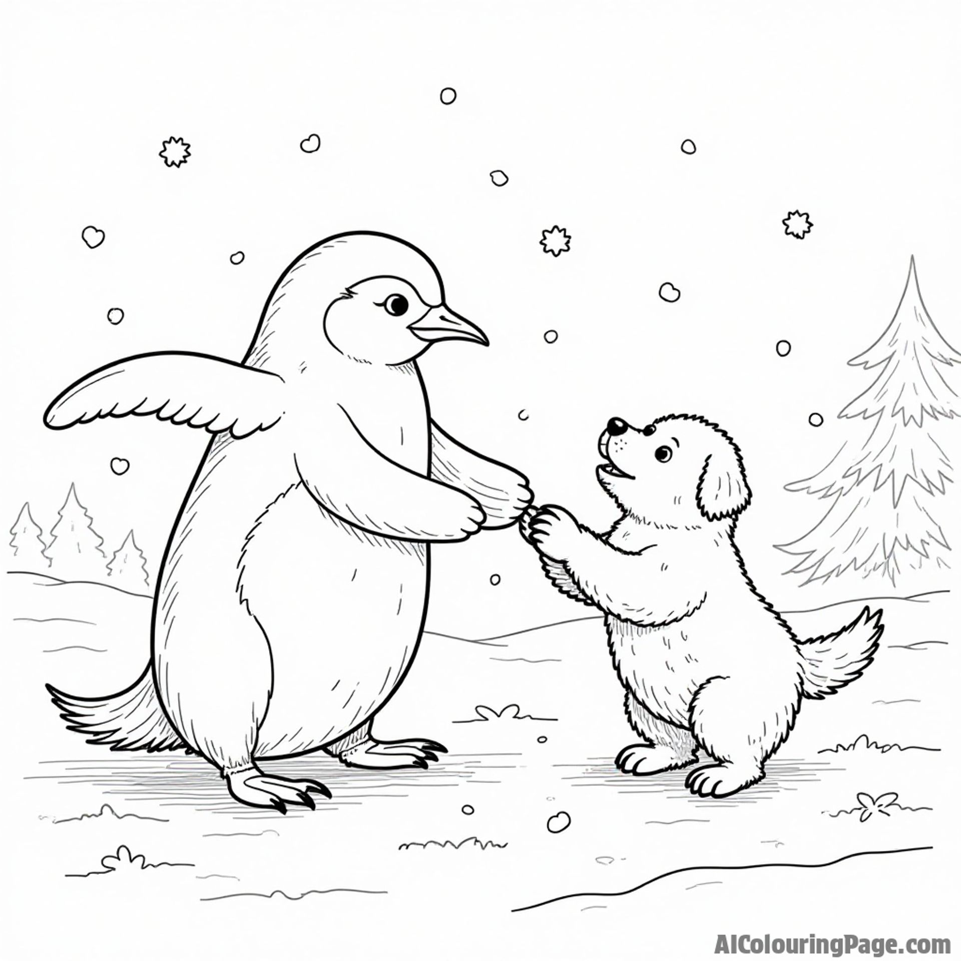 A penguin playing fetch with a dog on a snowy landscape, with snowflakes gently falling all around.