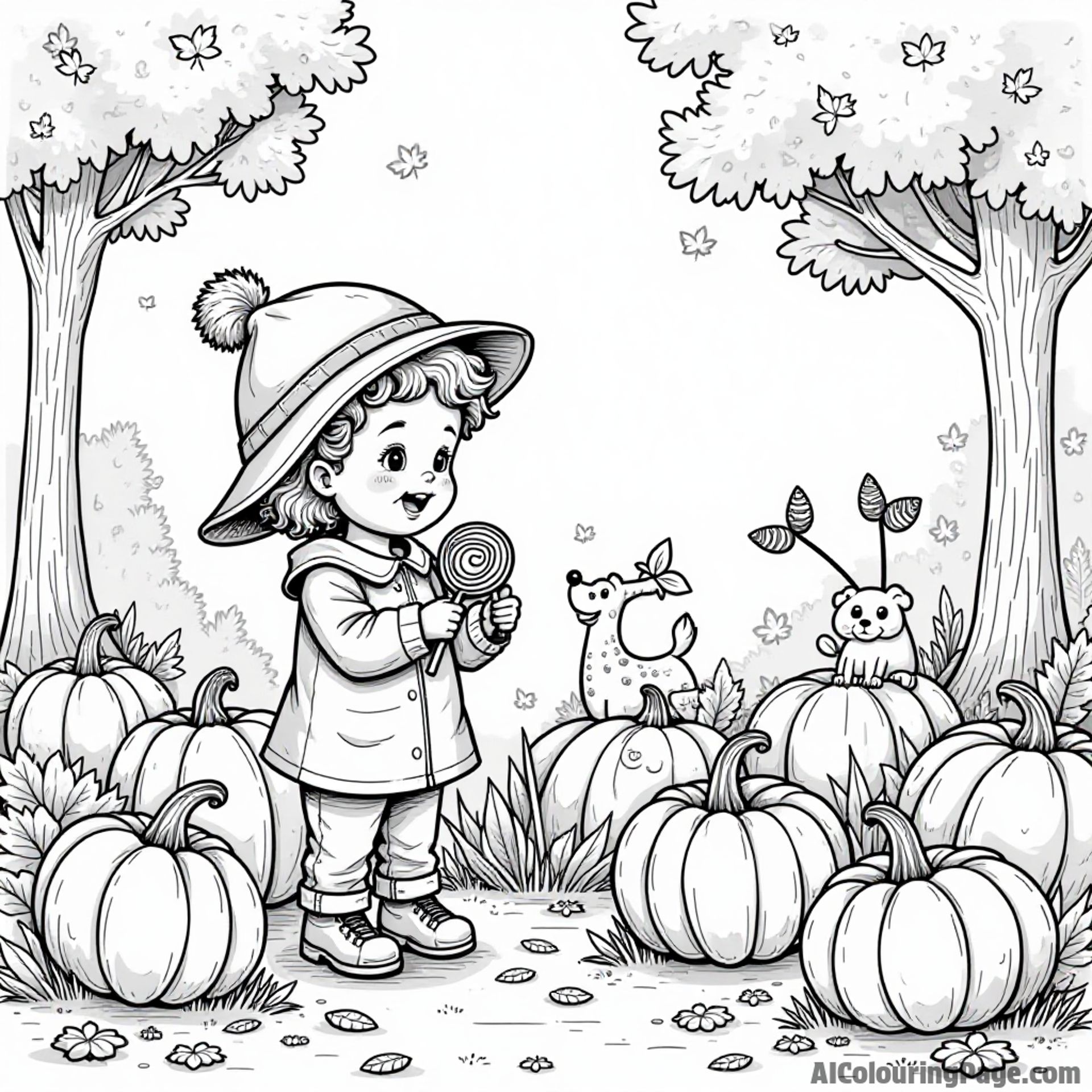 A charming autumn scene with a child collecting lollipops in a pumpkin patch, surrounded by colorful leaves and friendly animals