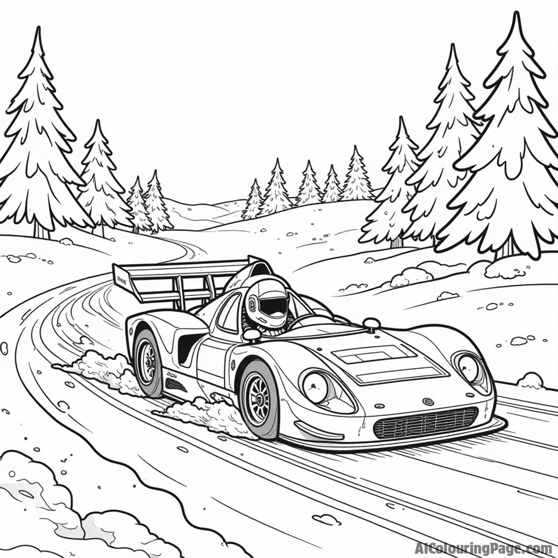 A race car competing in the snow, with snowmen and winter scenery, creating a unique seasonal twist that encourages children to color in a winter wonderland.