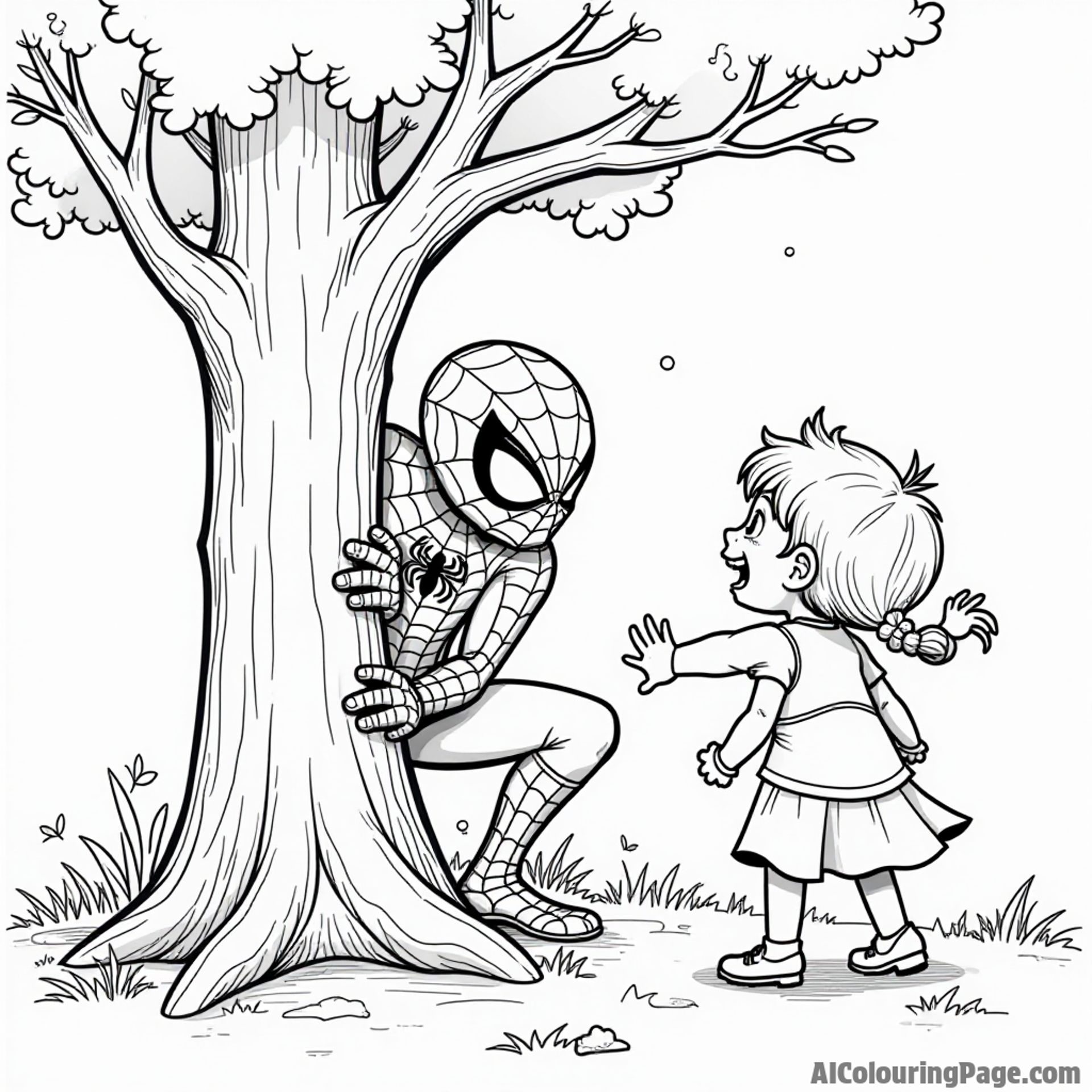 Spiderman playing hide and seek with children, hiding behind a tree, laughter and excitement in the air