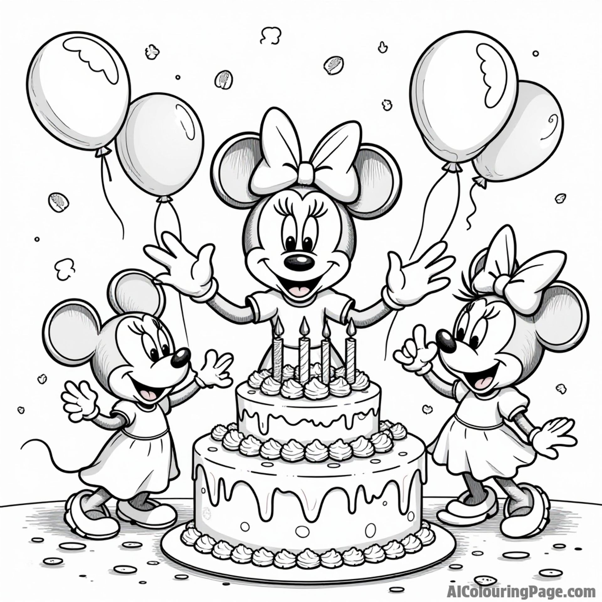 Minnie Mouse at a birthday party, surrounded by balloons, cake, and friends singing, with confetti falling all around
