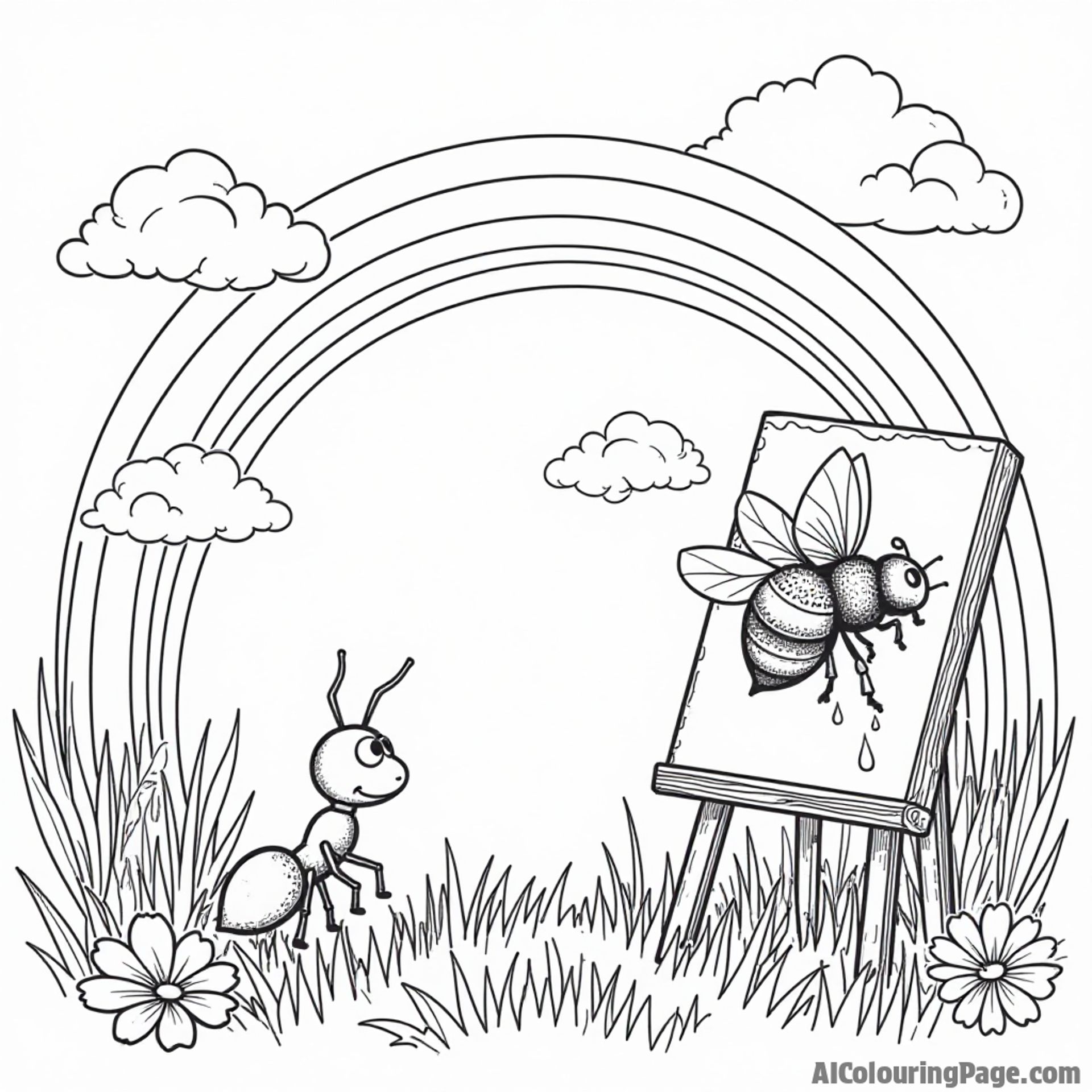 A bee painting a rainbow in the sky while a curious ant watches from below, surrounded by grass and flowers.