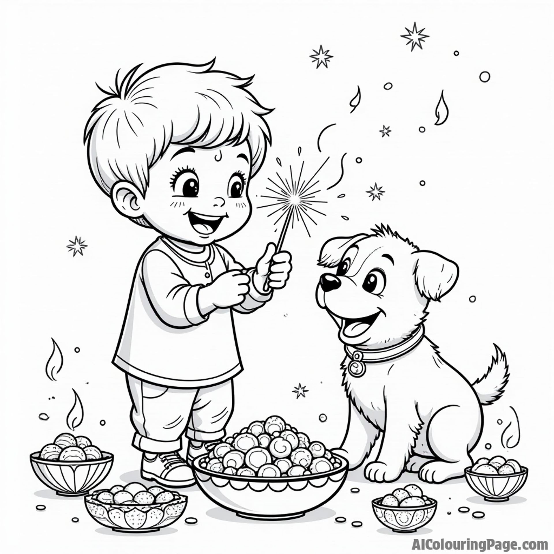 A cheerful child lighting a sparkler with an excited puppy beside them, surrounded by colorful sweets and decorative items, representing the joy of Diwali celebrations in Festivals and Traditions Coloring Sheets.