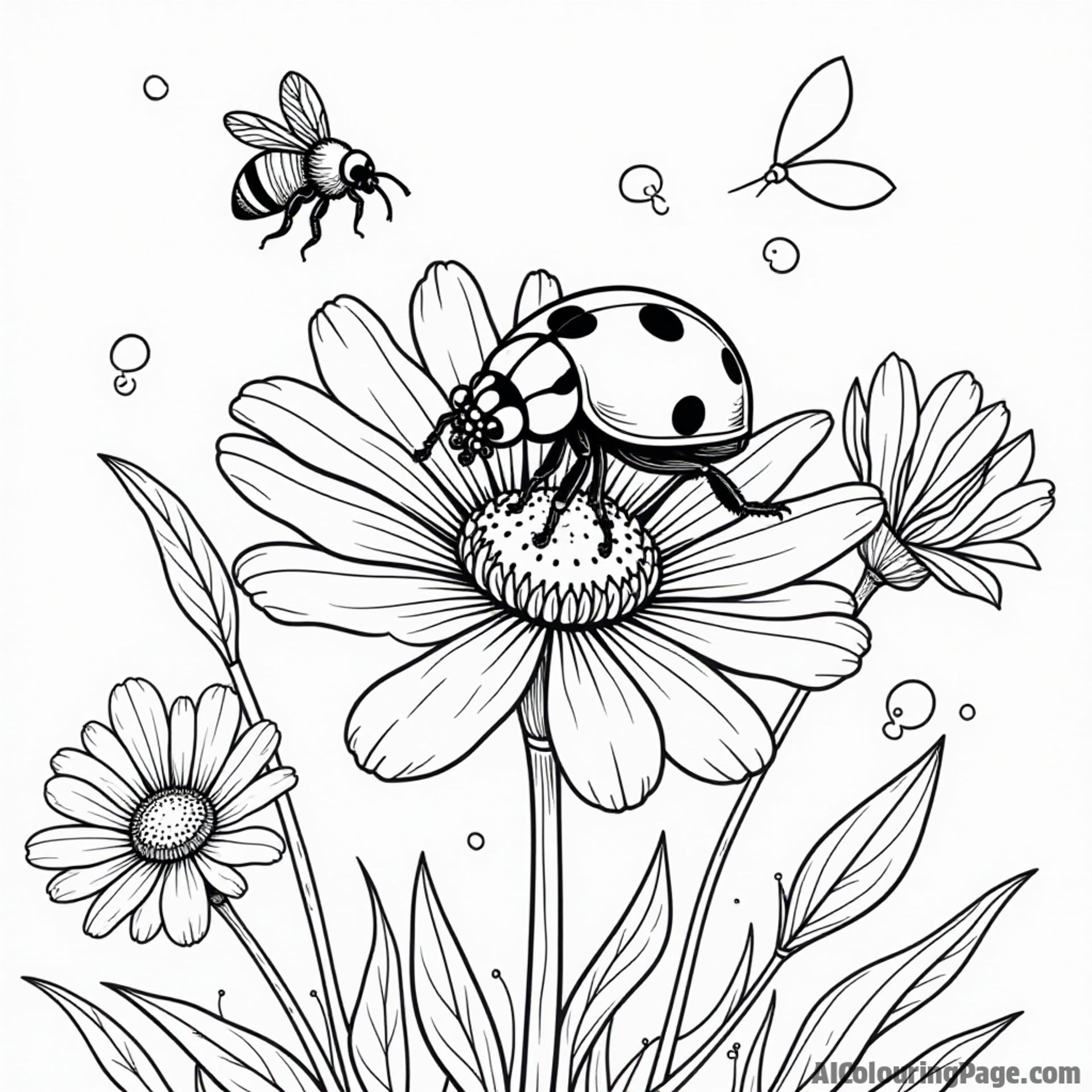 A ladybug perched on a colorful flower, with a busy bee buzzing nearby and a gentle breeze blowing through.