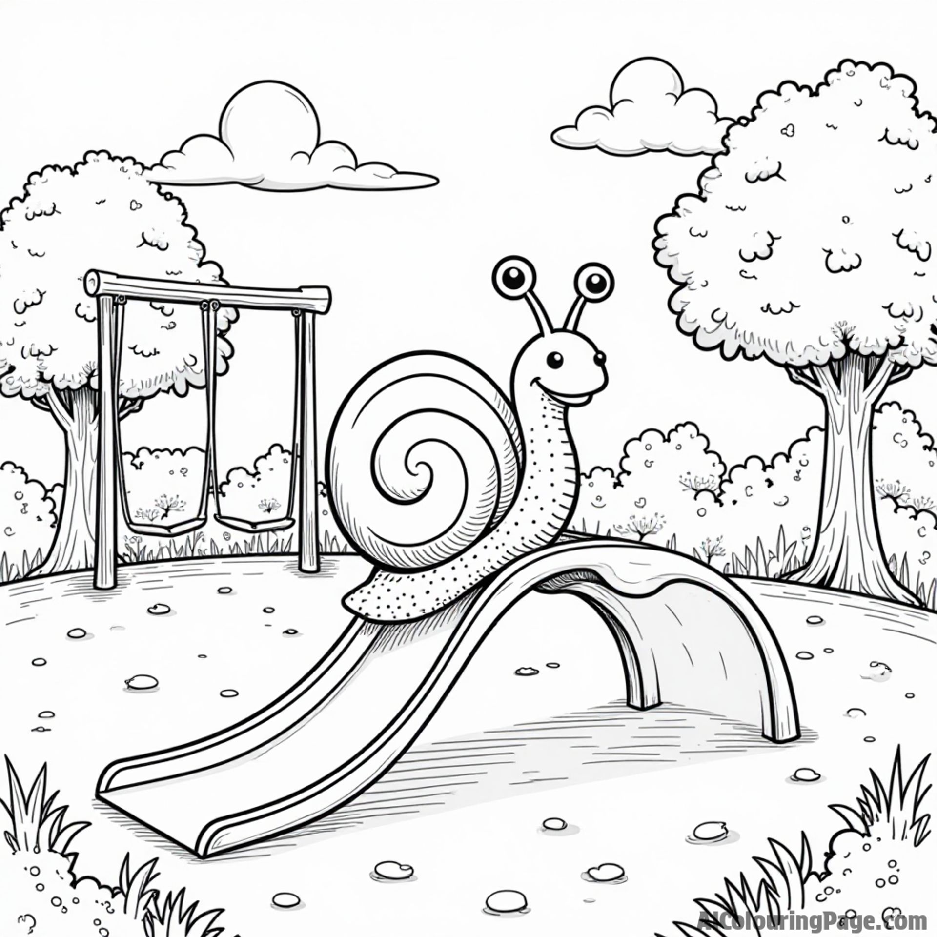 A snail happily sliding down a slide in a playground, with swings and trees in a sunny park setting.