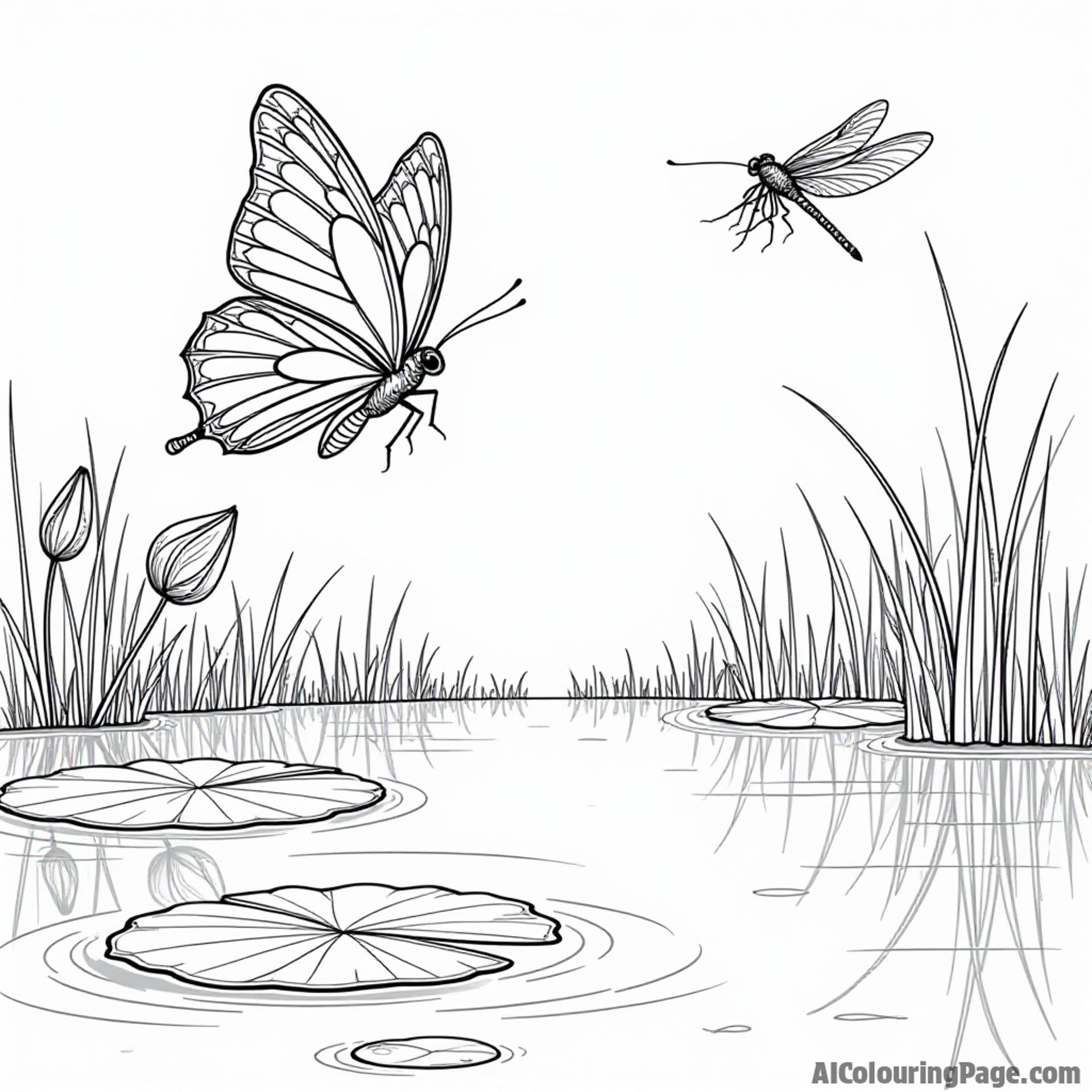 A butterfly flying over a serene pond with lily pads and a dragonfly skimming the surface, ready to color.