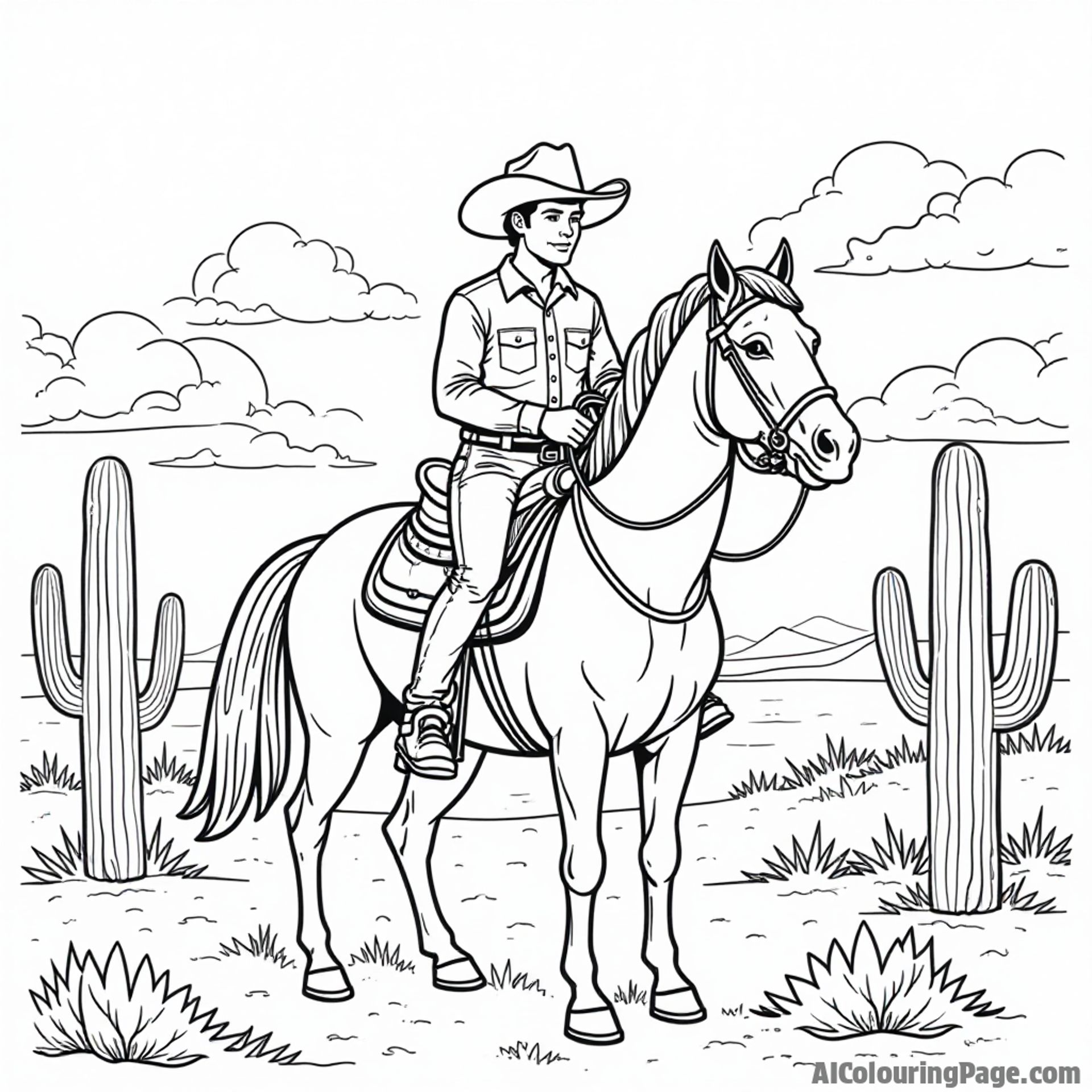 A cowboy riding a horse under a big Texas sky with cacti in the background, perfect for kids coloring fun.