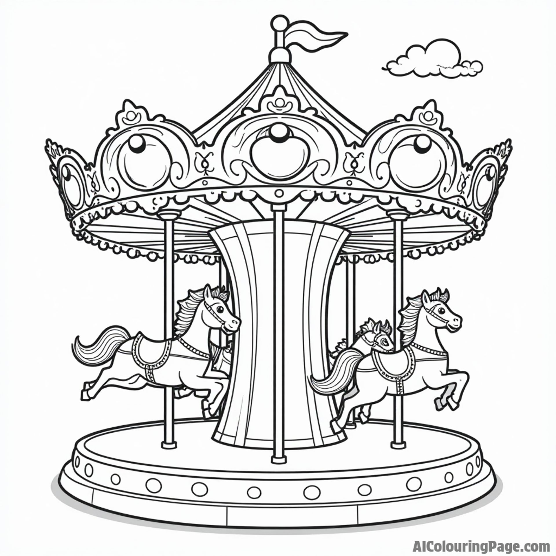 A playful fruit-themed carousel with different fruit characters as riders, spinning joyfully in a bright amusement park.