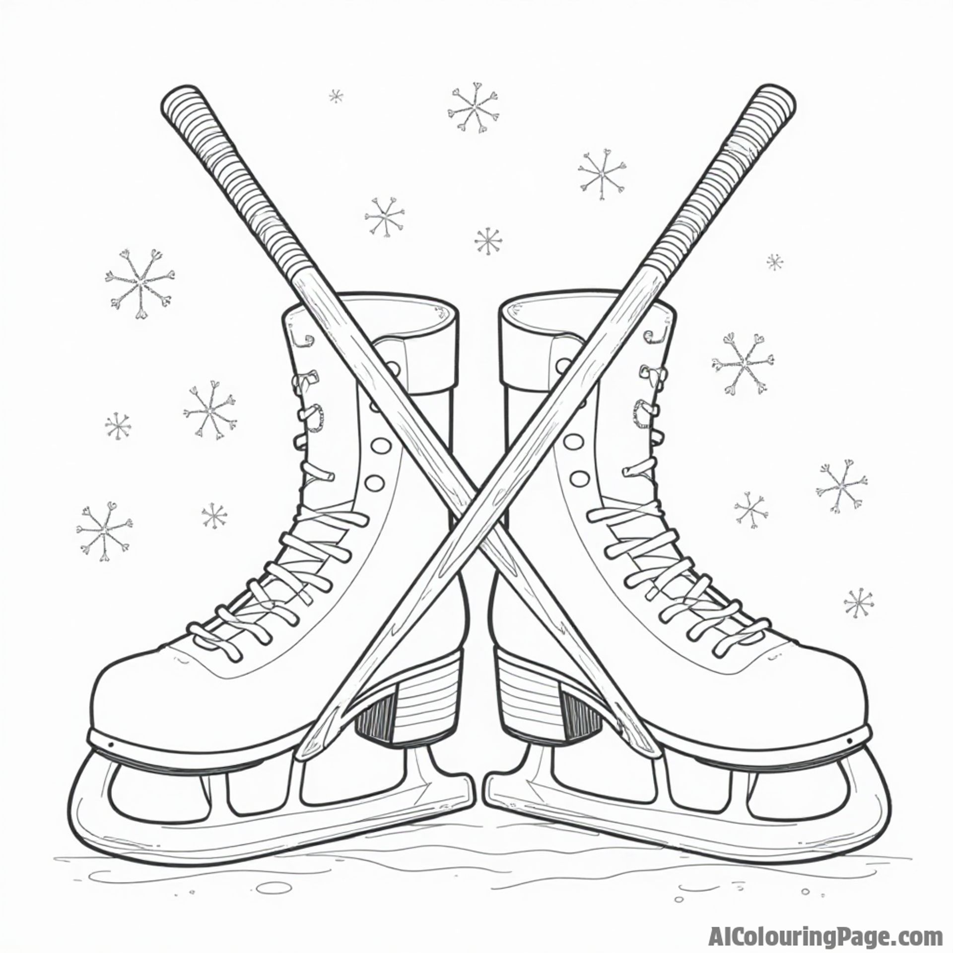 A pair of ice skates and a hockey stick crossed together, with snowflakes falling around them, creating a perfect winter sports scene.