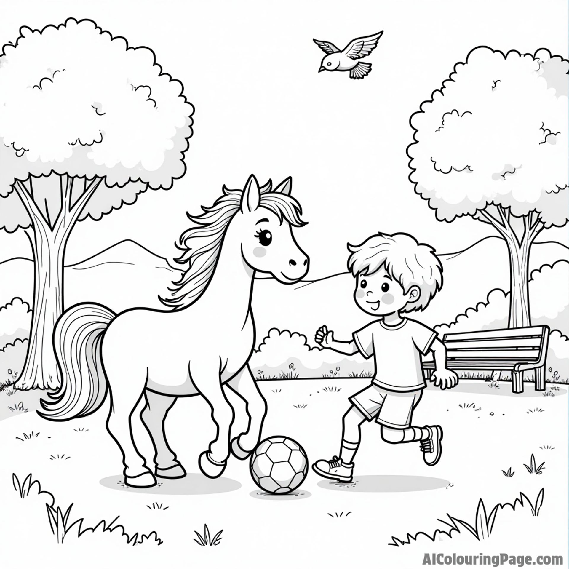 A pony and a child playing soccer in a lively park with trees, benches, and cheerful birds around.